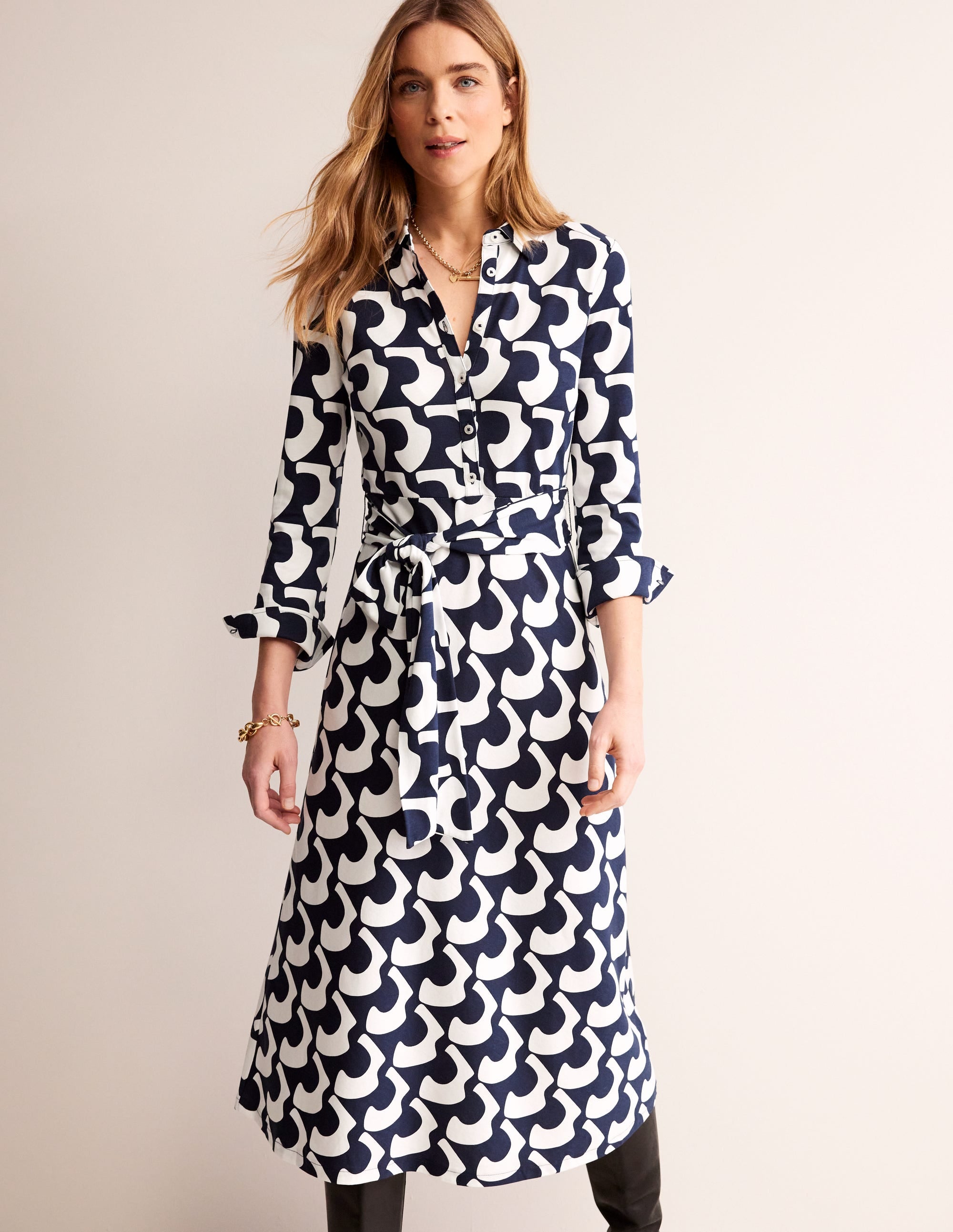 Laura Jersey Midi Shress-French Navy, Arc Geo - Image 1