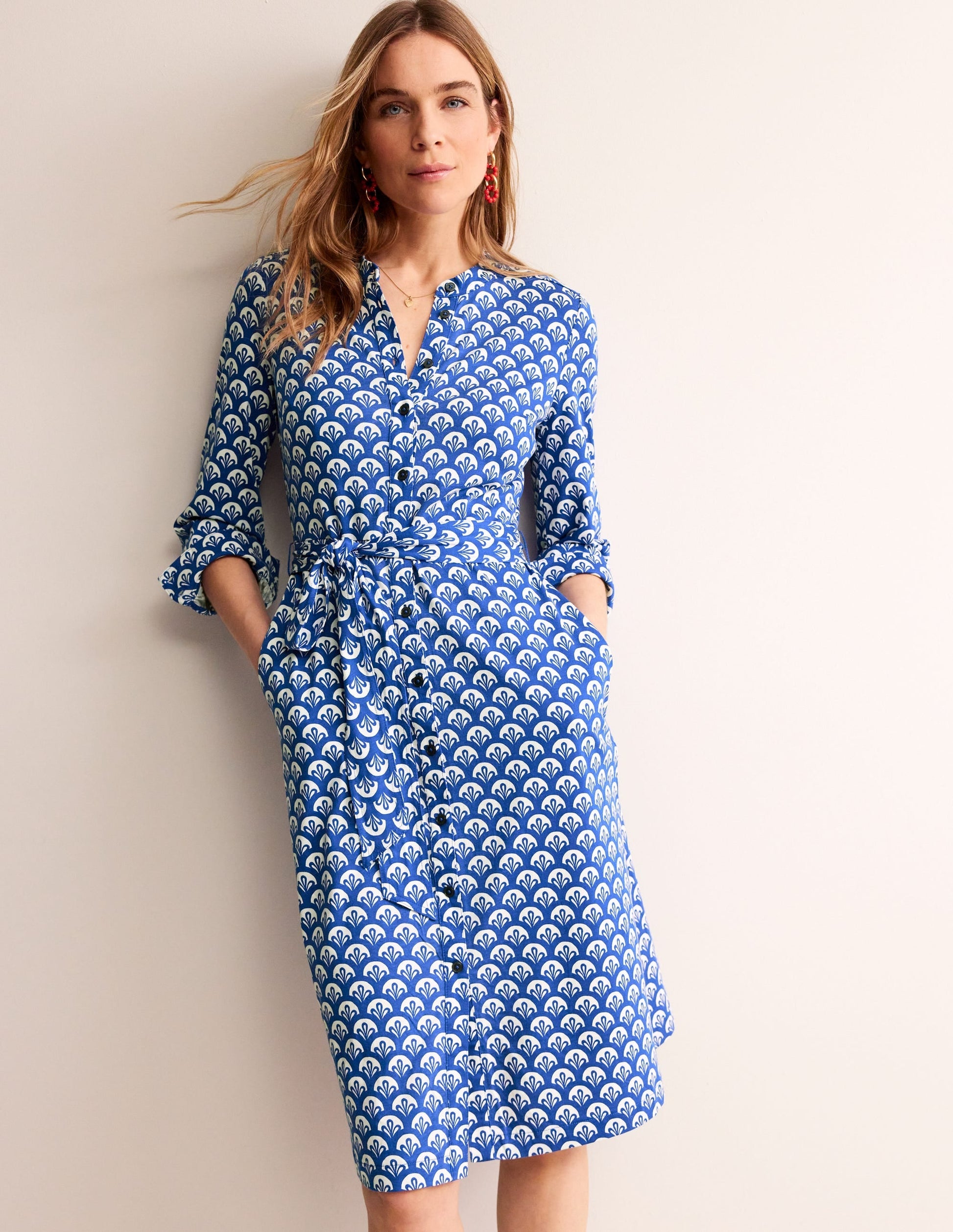 Julia Jersey Shirt Dress-Surf The Web, Foliage Geo-1