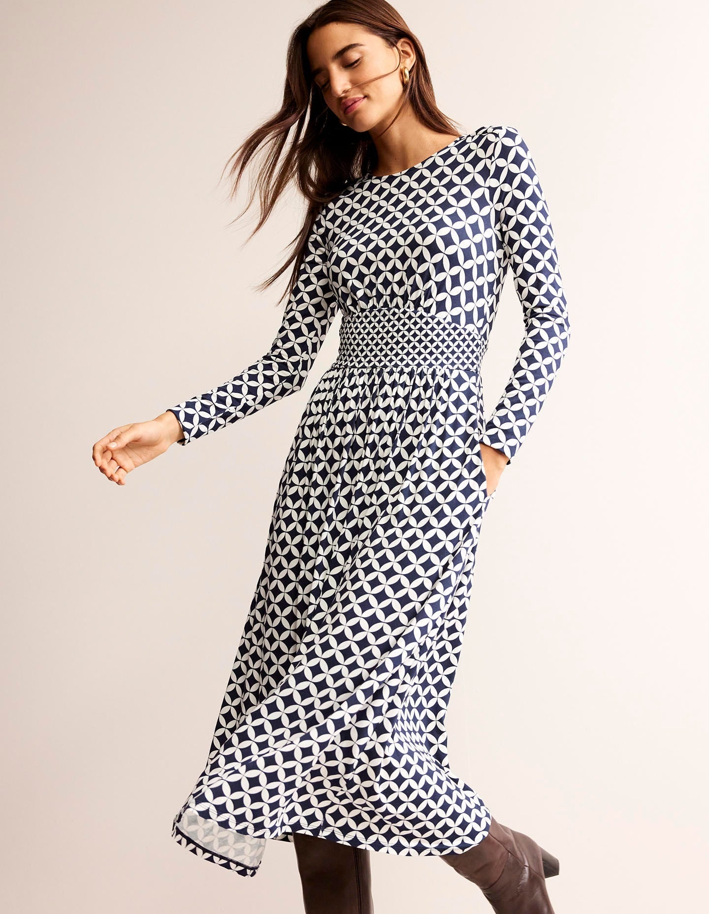 Thea Long Sleeve Midi Dress-French Navy, Diamond Terrace-1