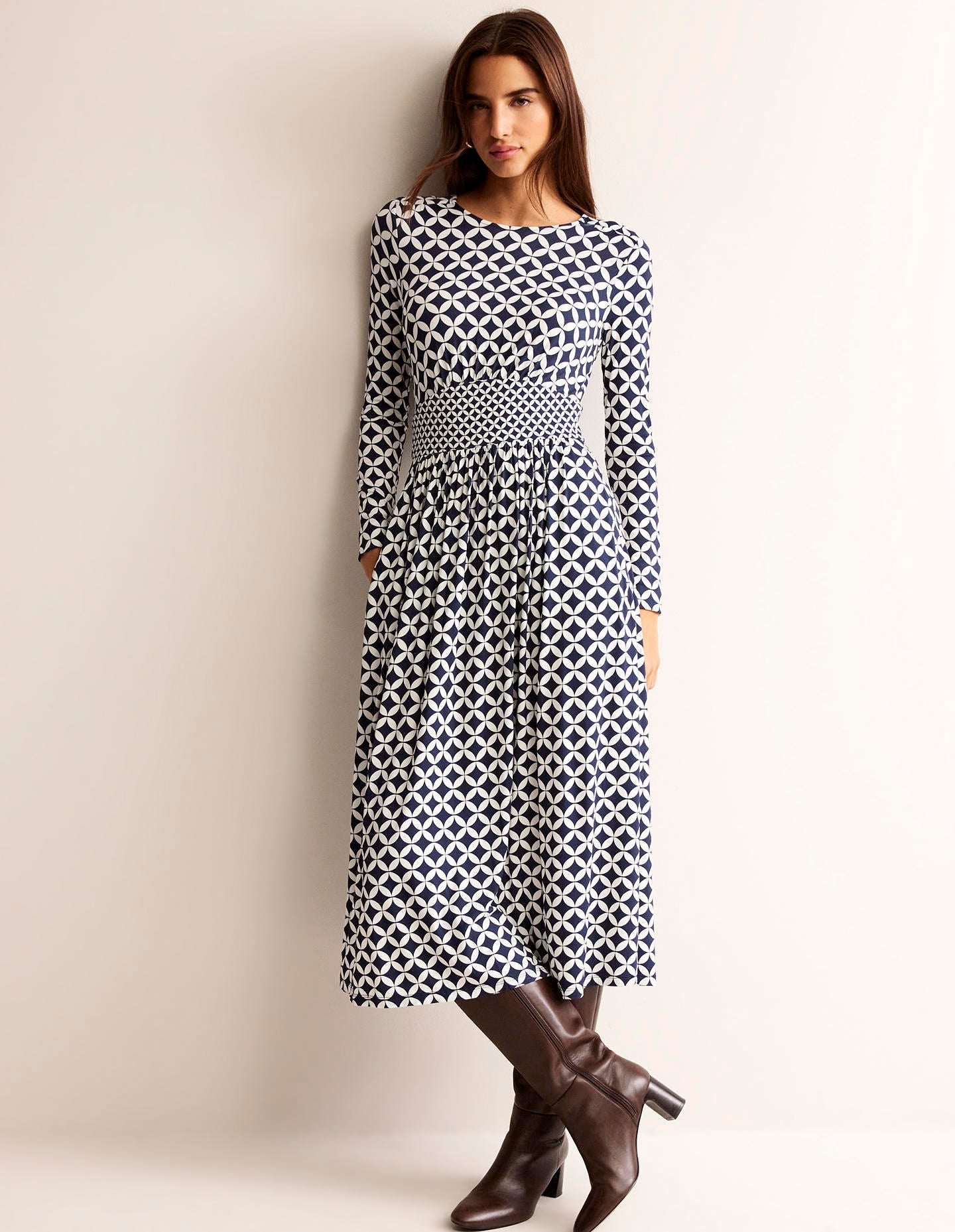 Thea Long Sleeve Midi Dress-French Navy, Diamond Terrace - Image 4