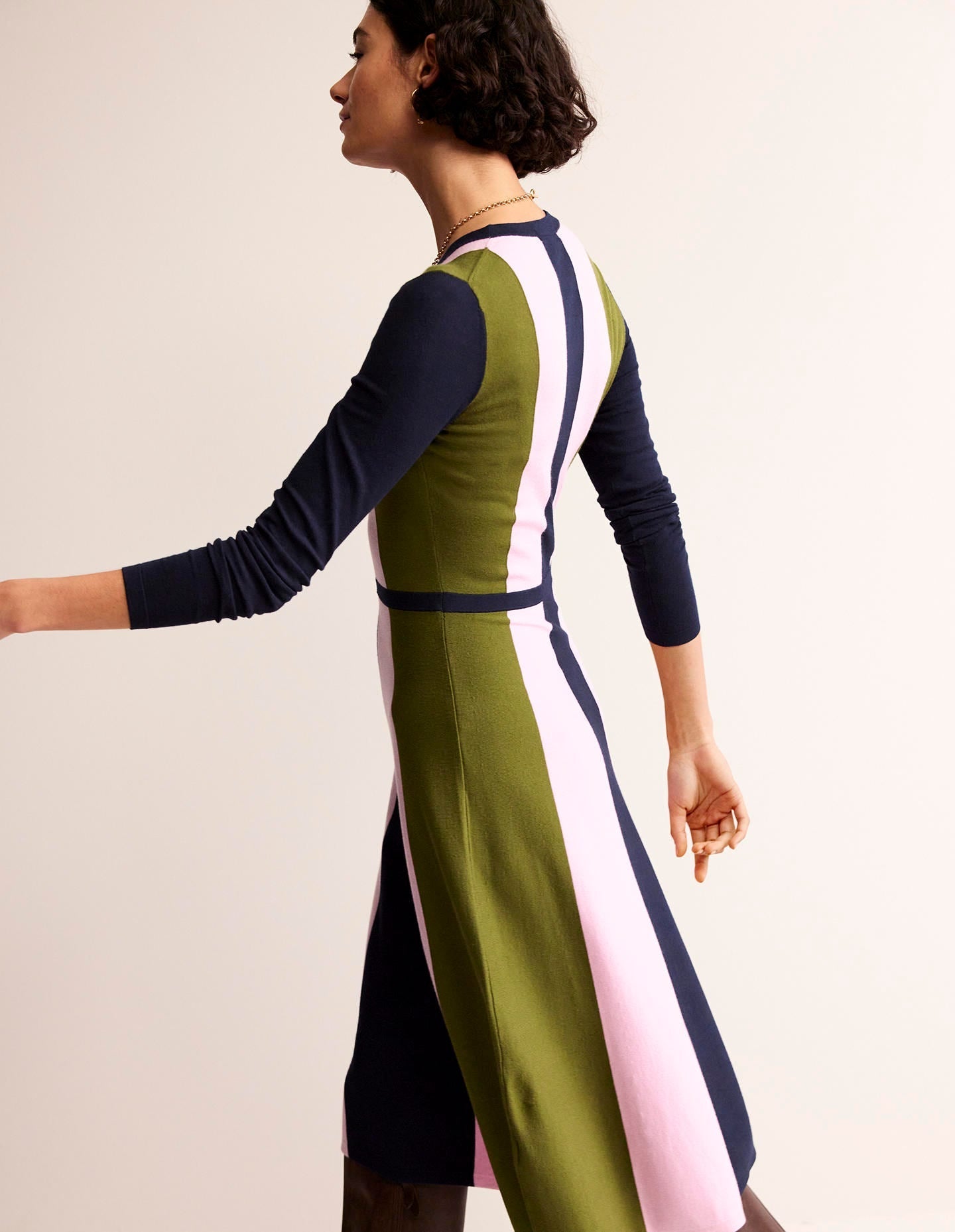 Colour Block Knitted Dress-Navy, Moss, Mauve Mist-1