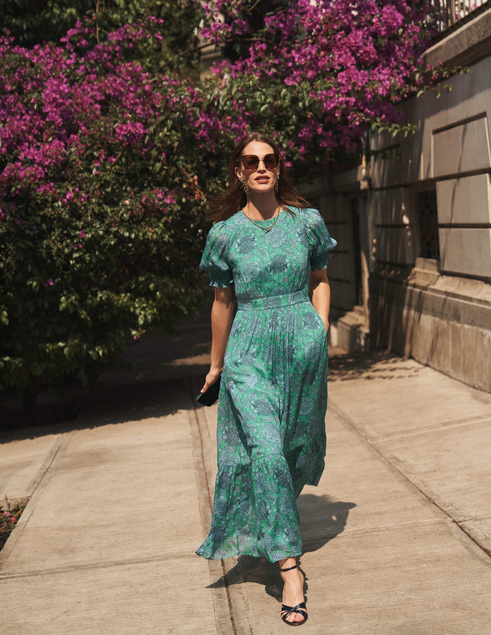 Smocked Cuff Maxi Dress-Ming Green, Gardenia Swirl - Image 5