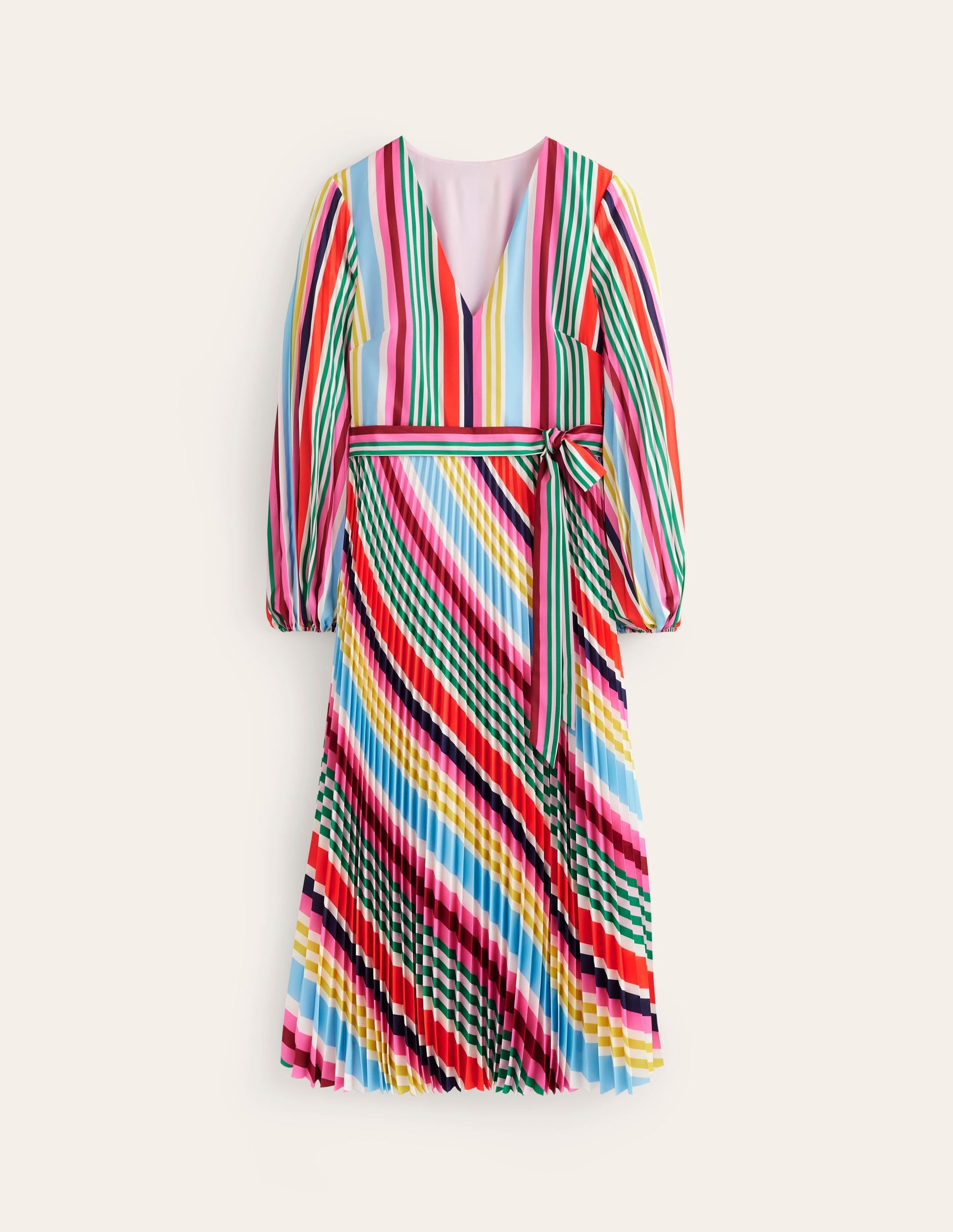 V-Neck Pleated Midi Dress-Varigated Multistripe-6