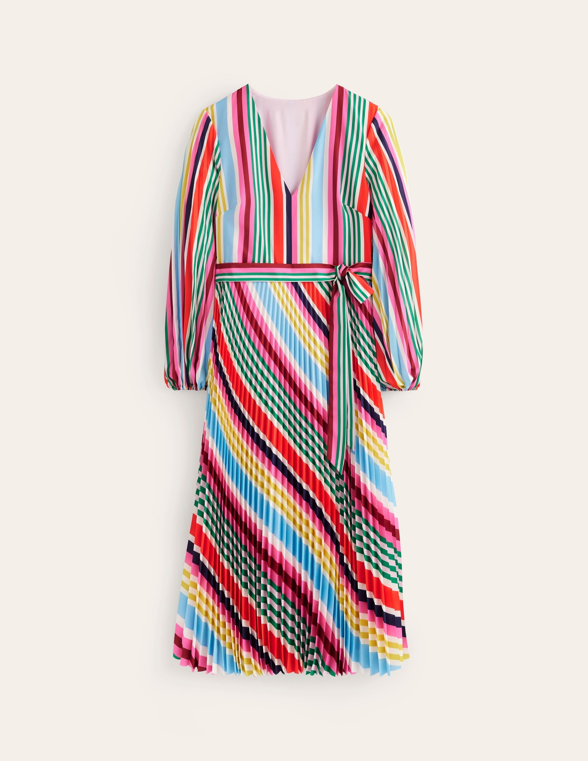 V-Neck Pleated Midi Dress-Varigated Multistripe - Image 6