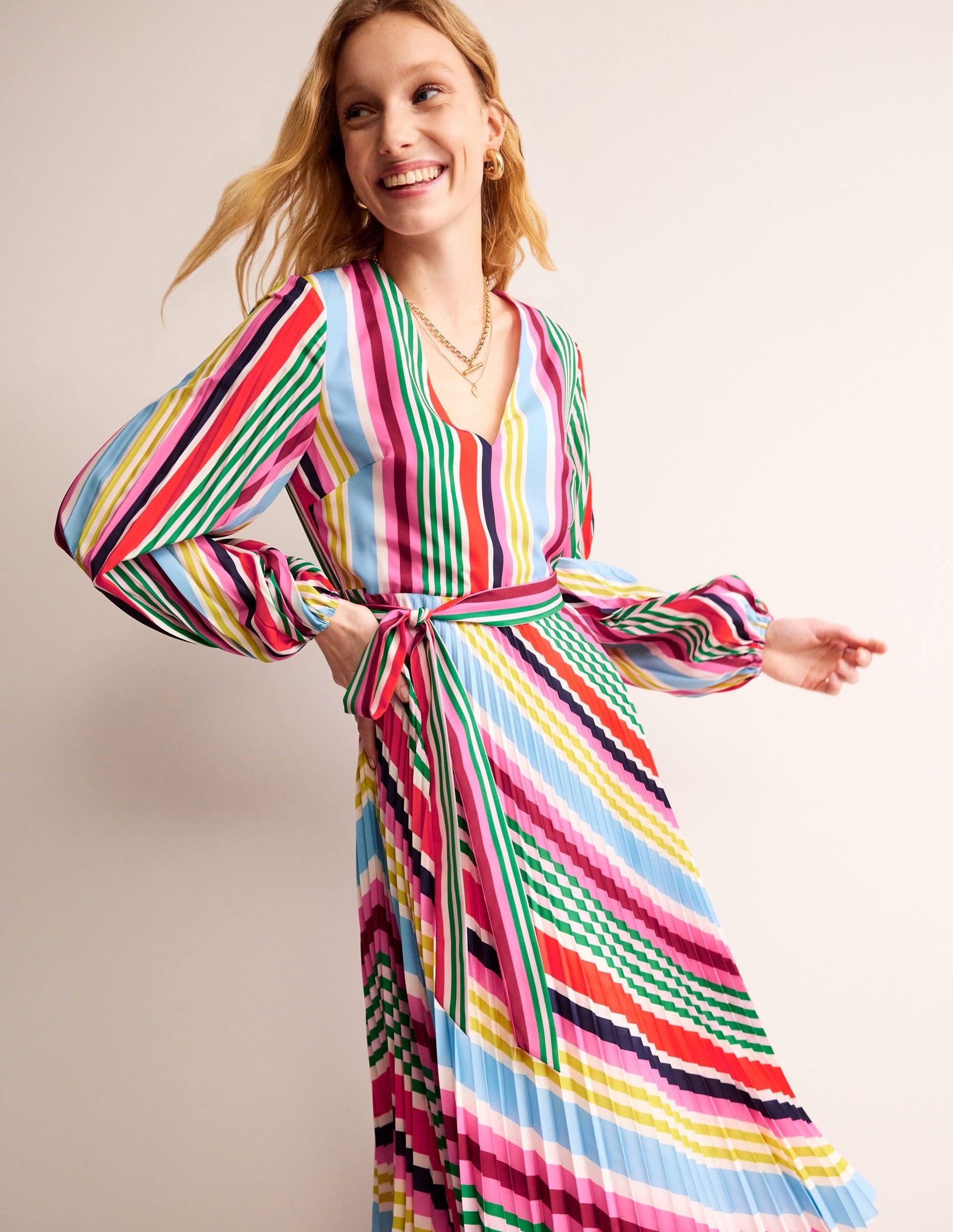 V-Neck Pleated Midi Dress-Varigated Multistripe-1