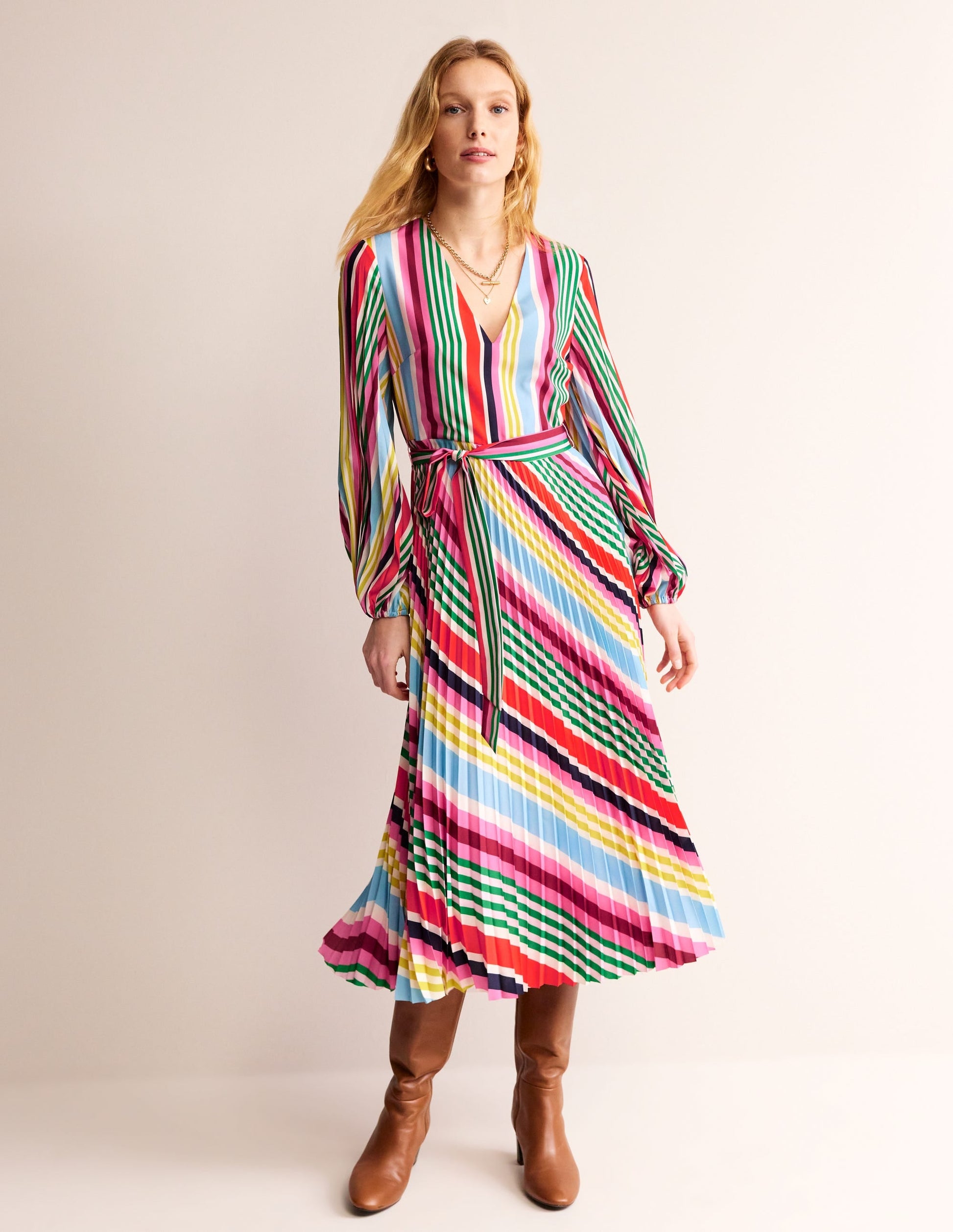 V-Neck Pleated Midi Dress-Varigated Multistripe-2
