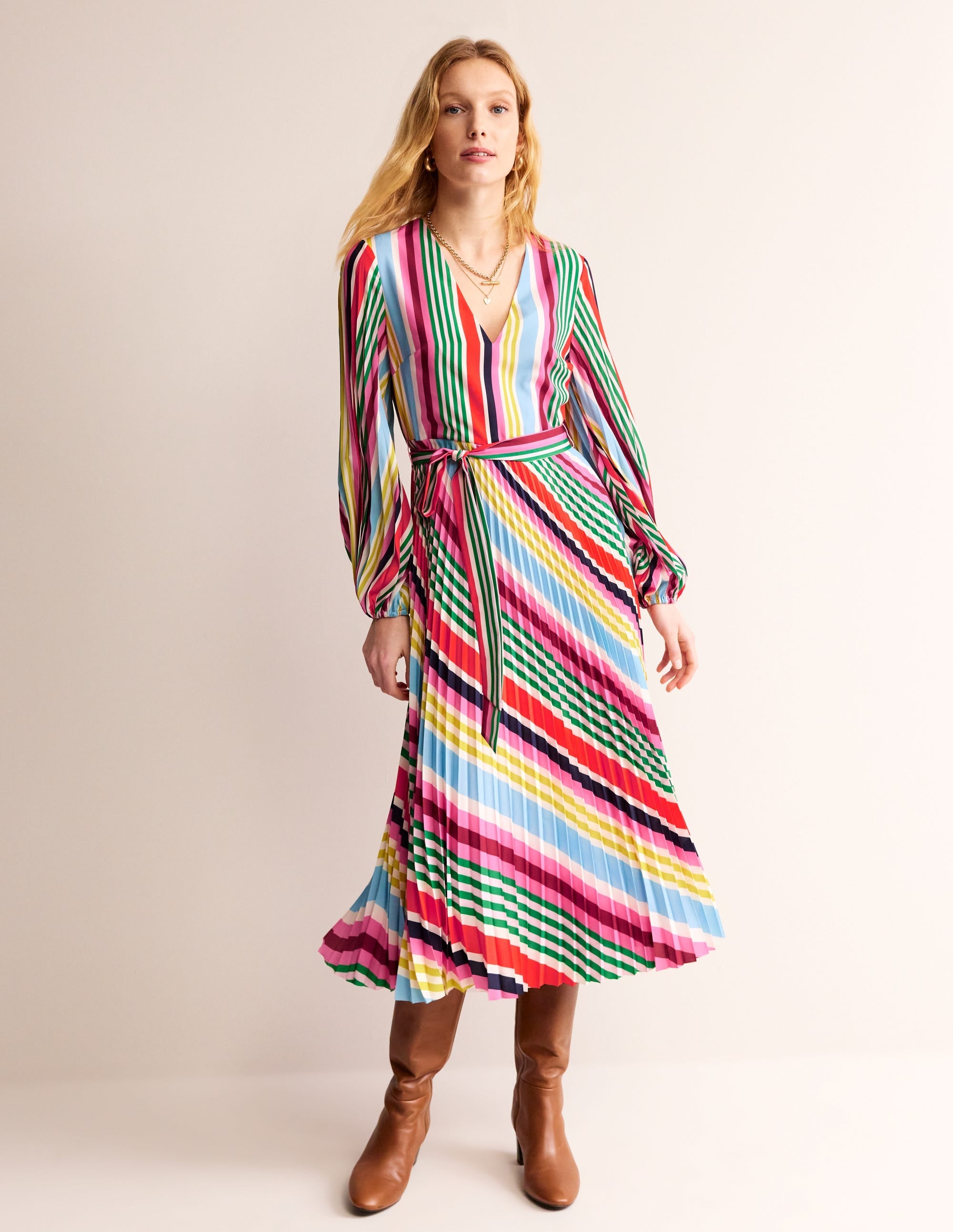 V-Neck Pleated Midi Dress-Varigated Multistripe - Image 2