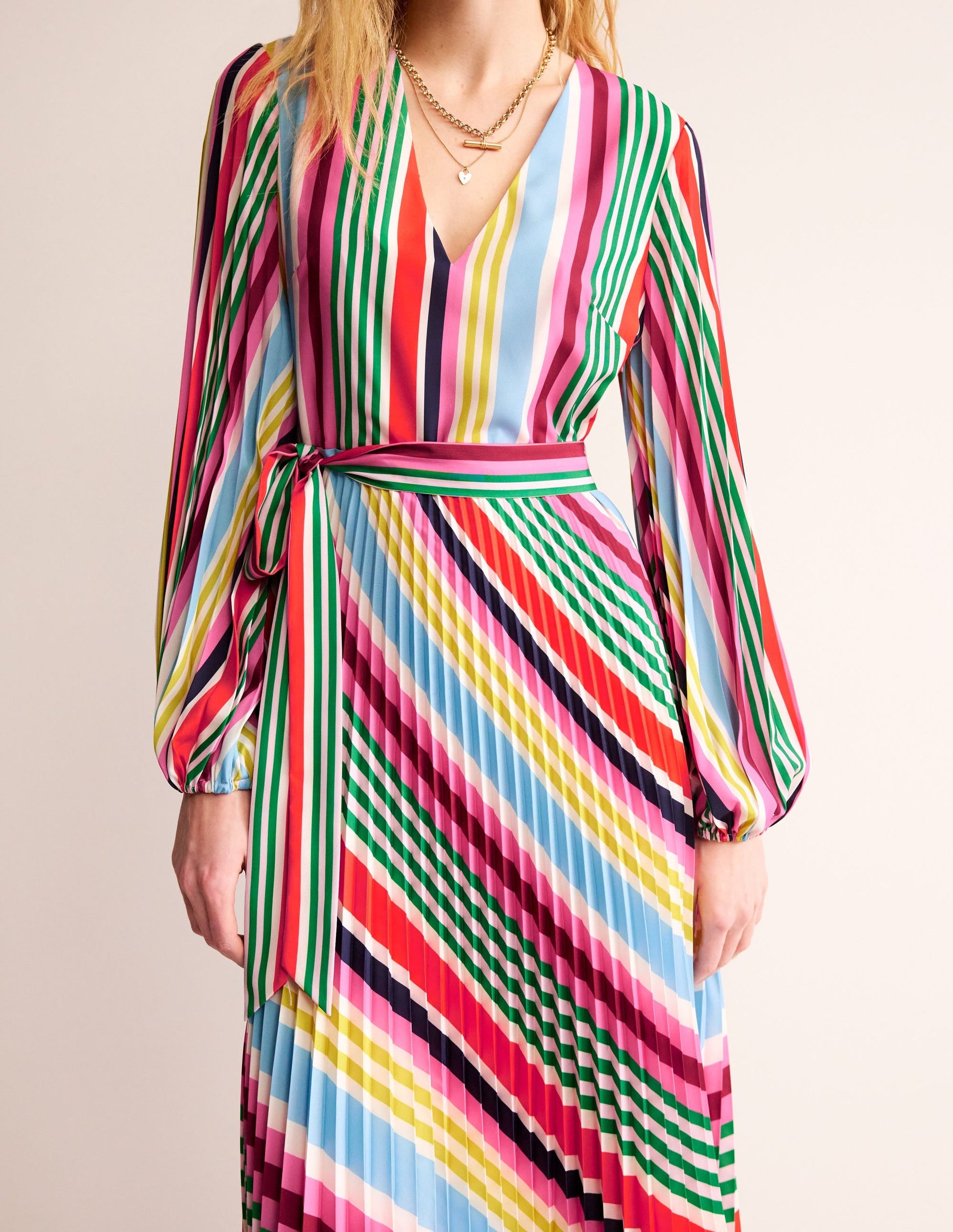 V-Neck Pleated Midi Dress-Varigated Multistripe-3