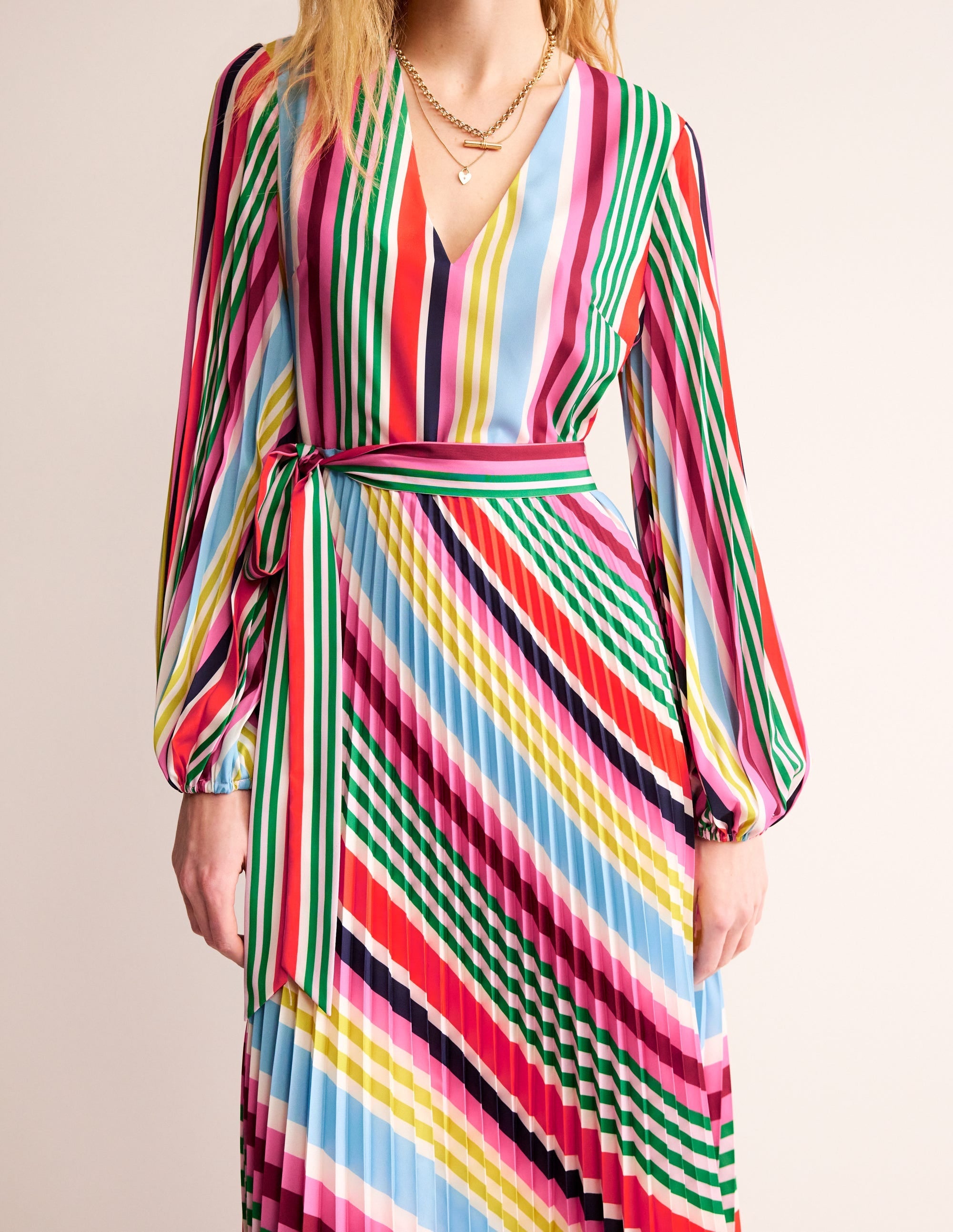 V-Neck Pleated Midi Dress-Varigated Multistripe - Image 3