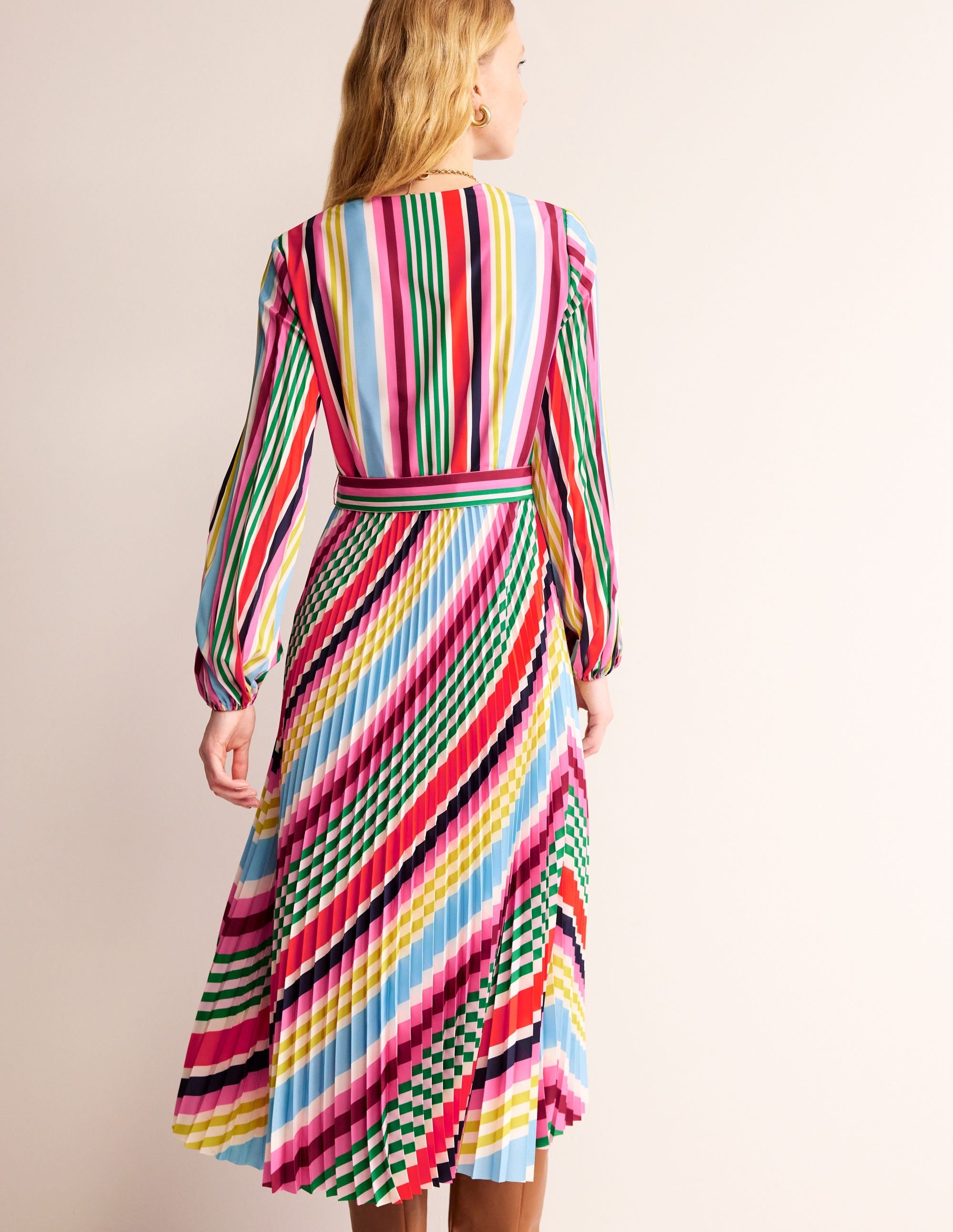 V-Neck Pleated Midi Dress-Varigated Multistripe - Image 4