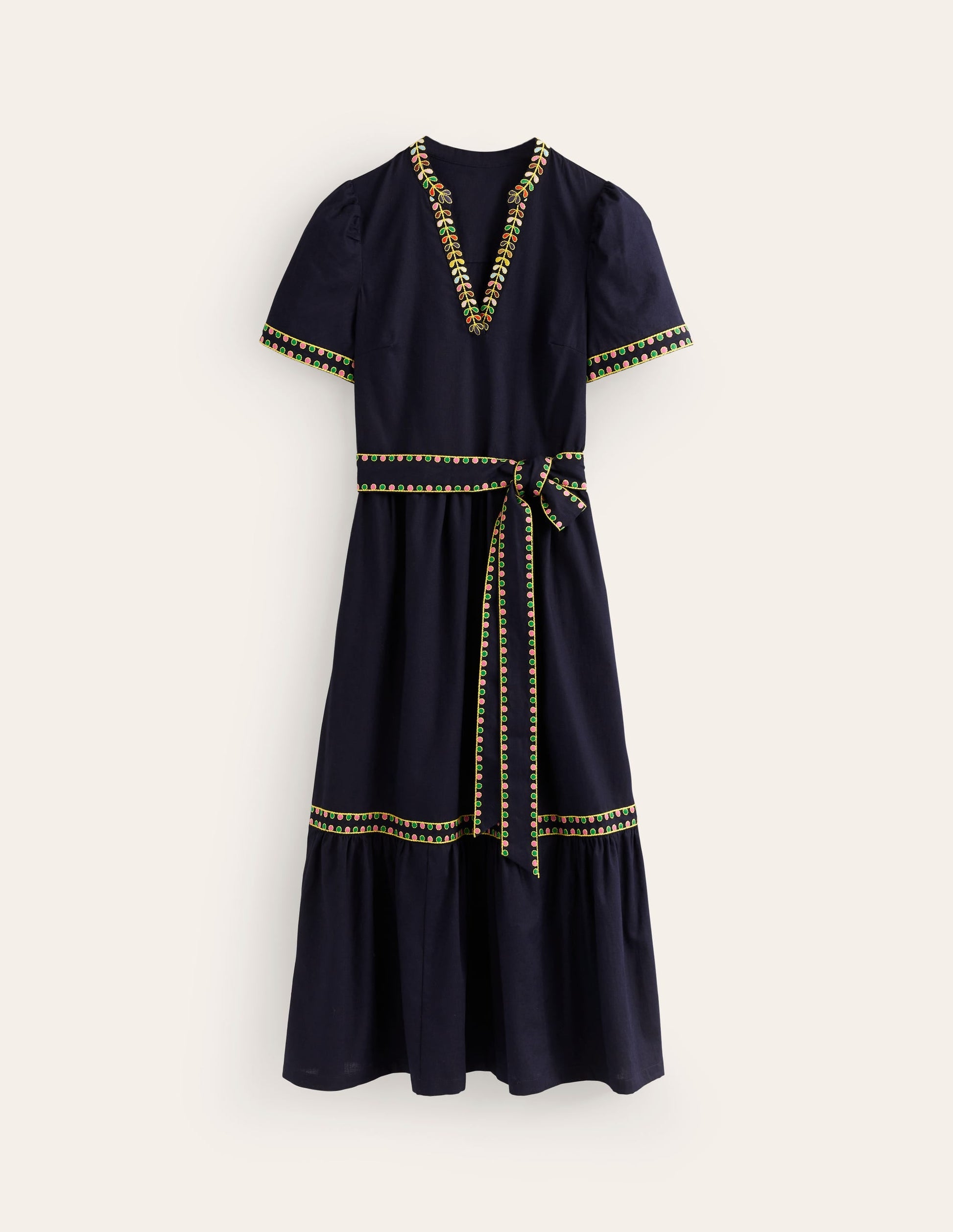Embroidered Linen Blend Dress-Navy-5