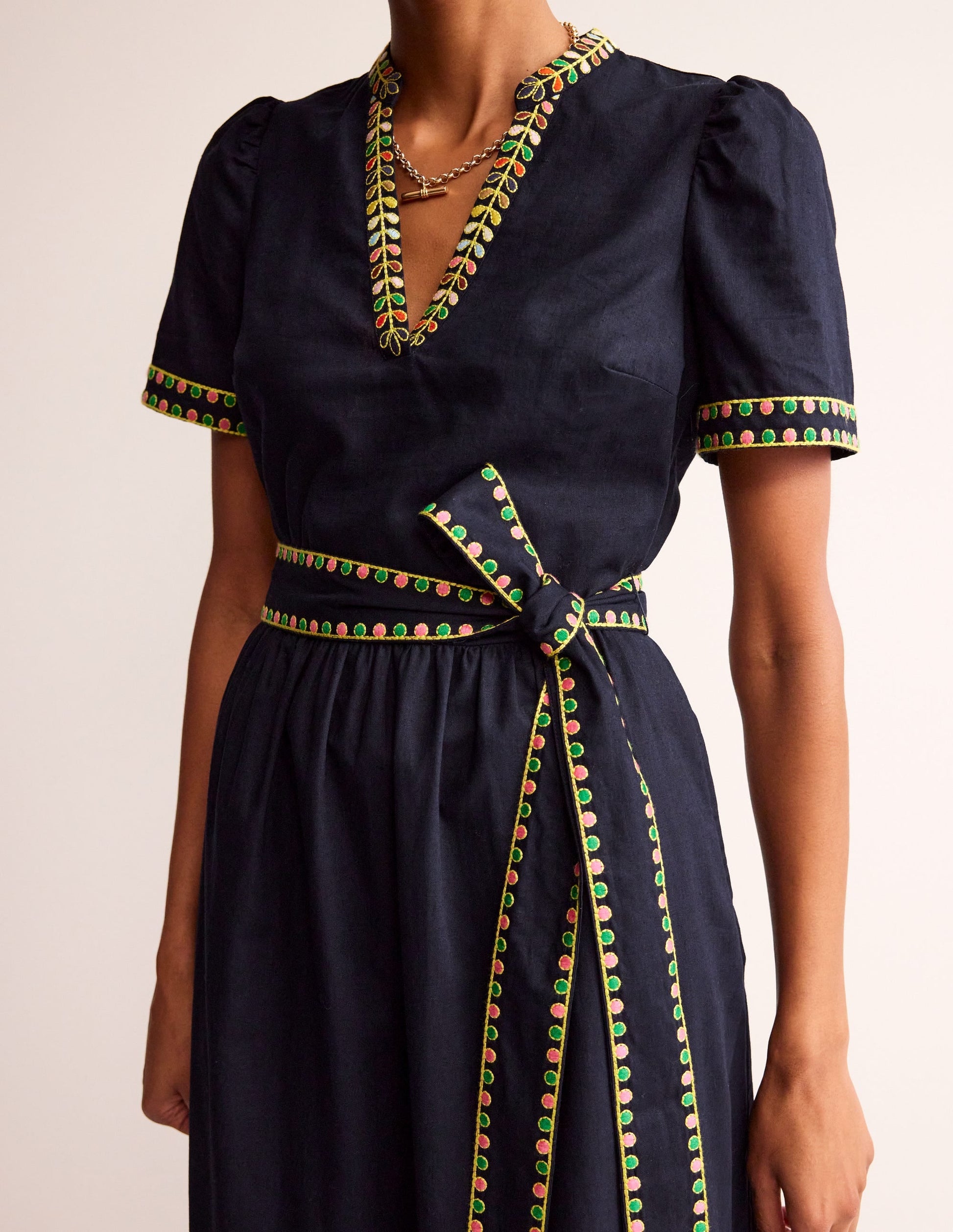 Embroidered Linen Blend Dress-Navy-2