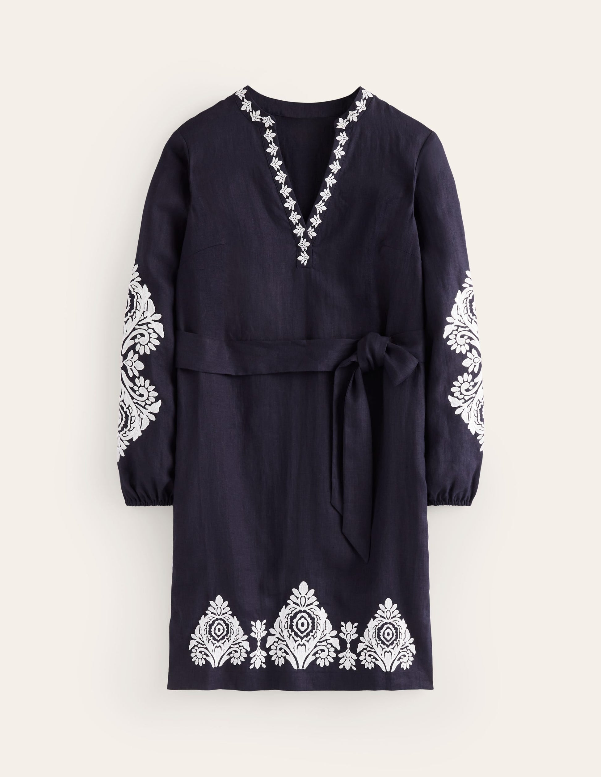 Cleo Embroidered Linen Dress-Navy, White-5