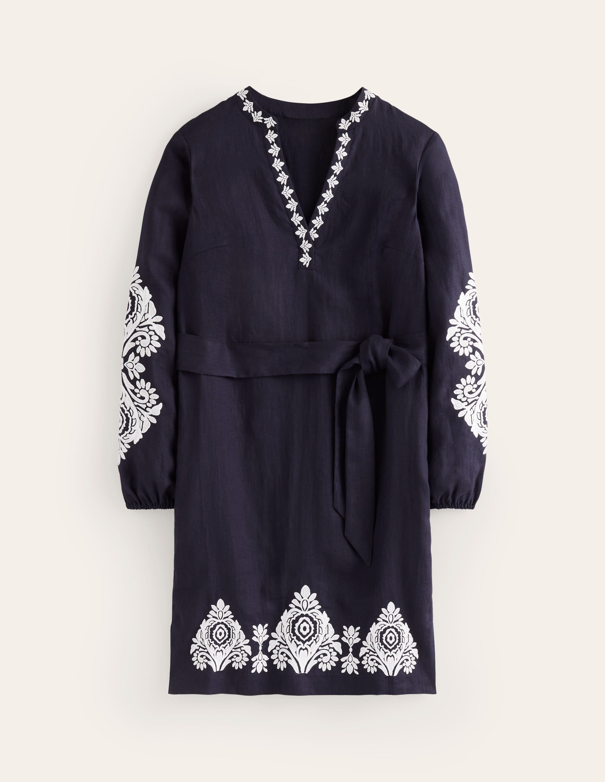 Cleo Embroidered Linen Dress-Navy, White - Image 5