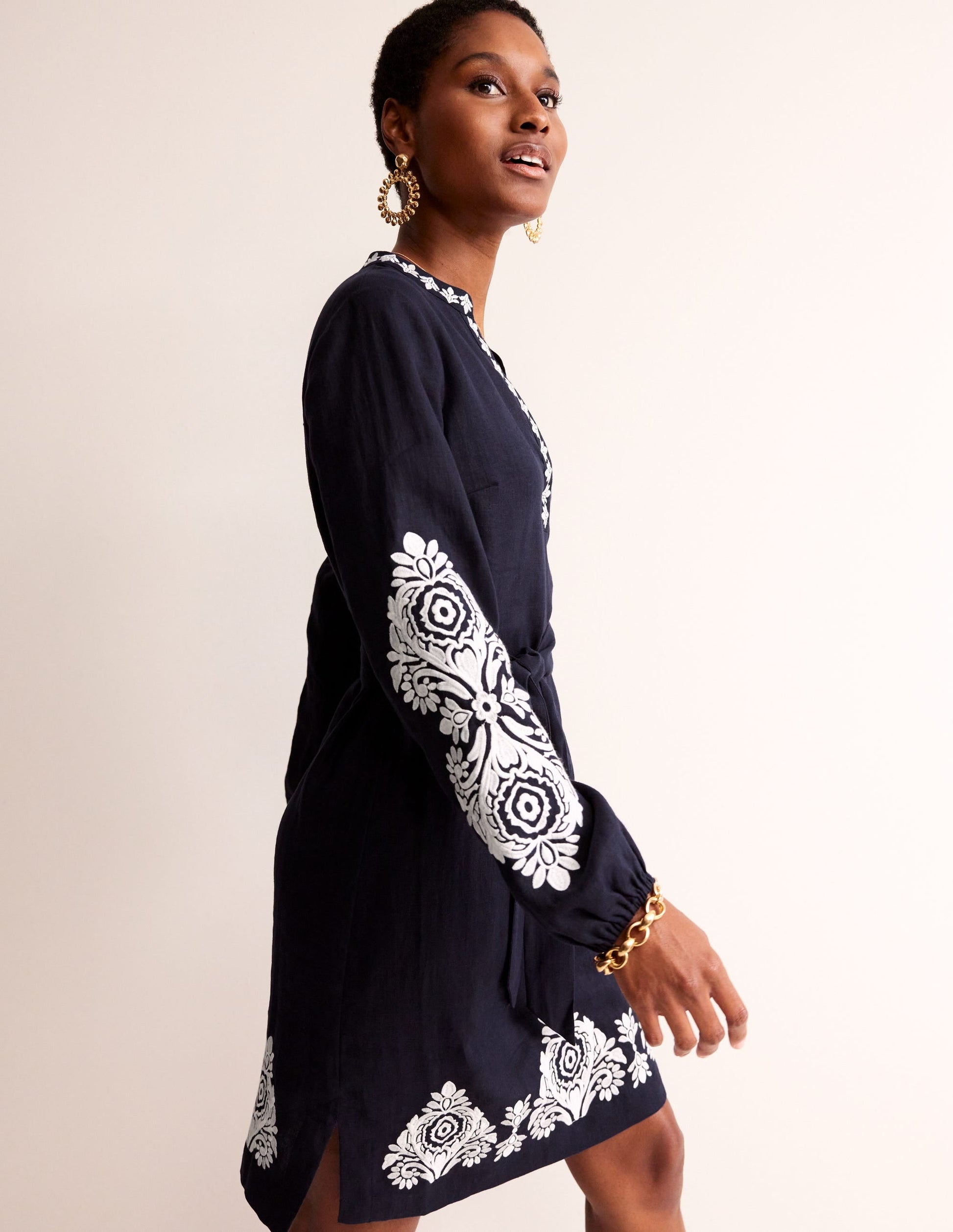 Cleo Embroidered Linen Dress-Navy, White-1