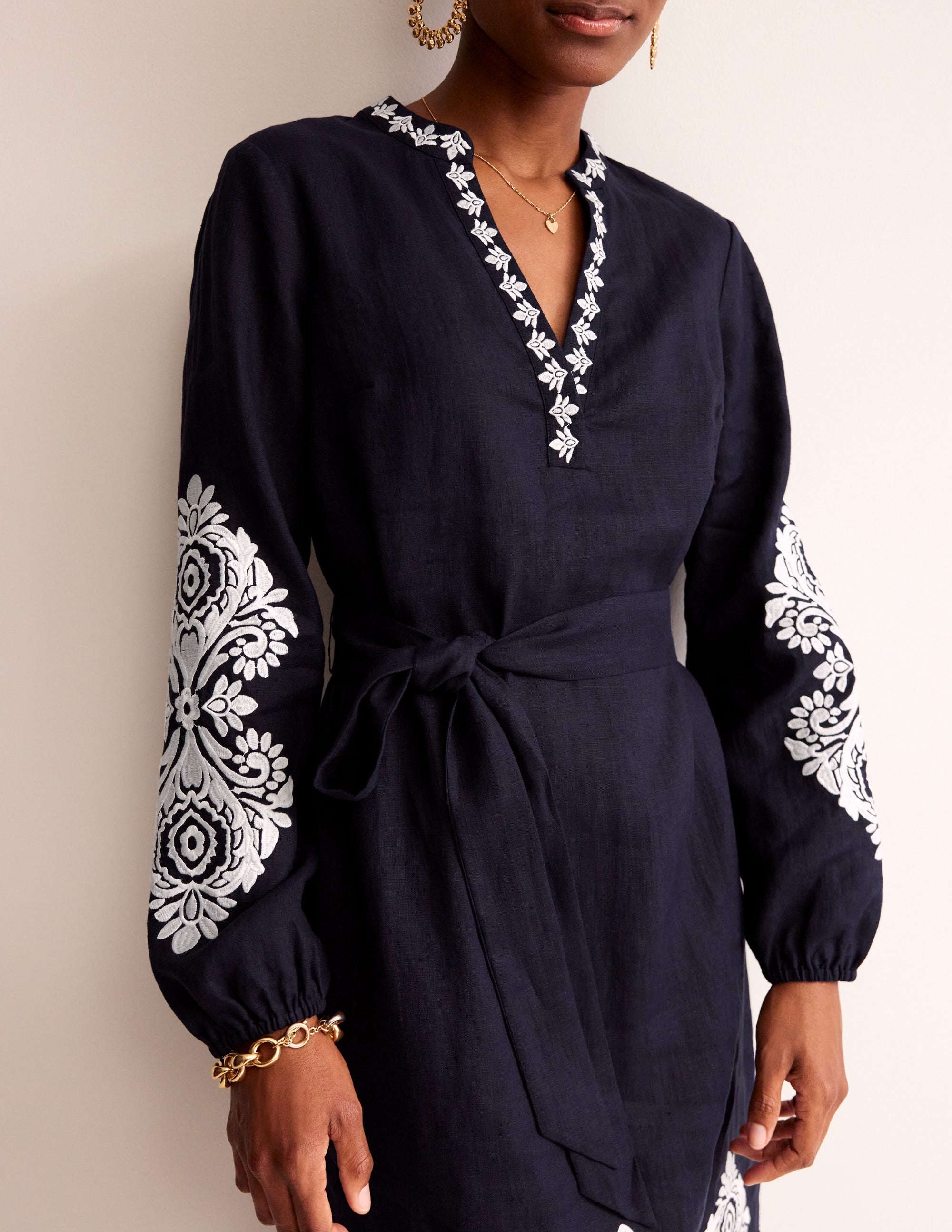 Cleo Embroidered Linen Dress-Navy, White - Image 2