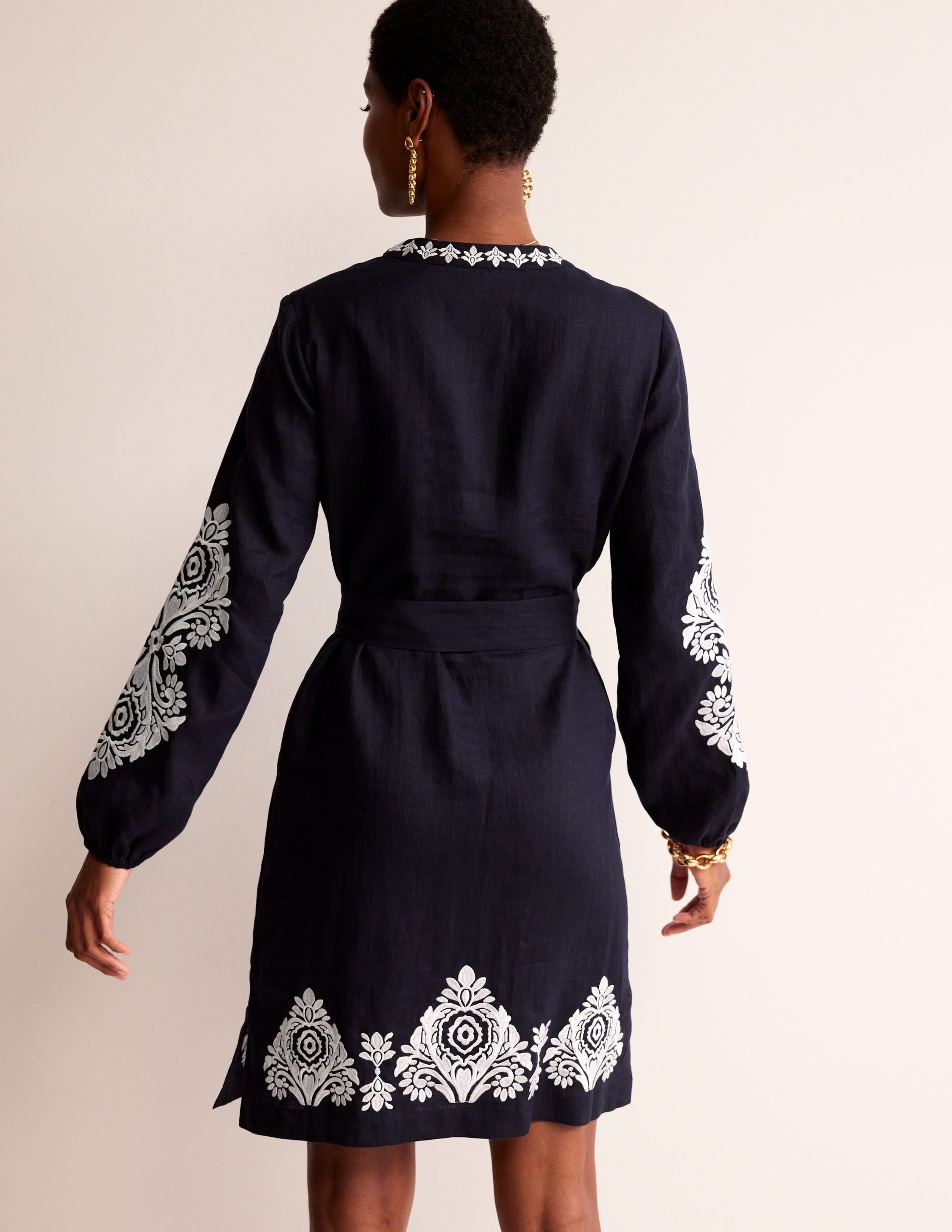 Cleo Embroidered Linen Dress-Navy, White-3