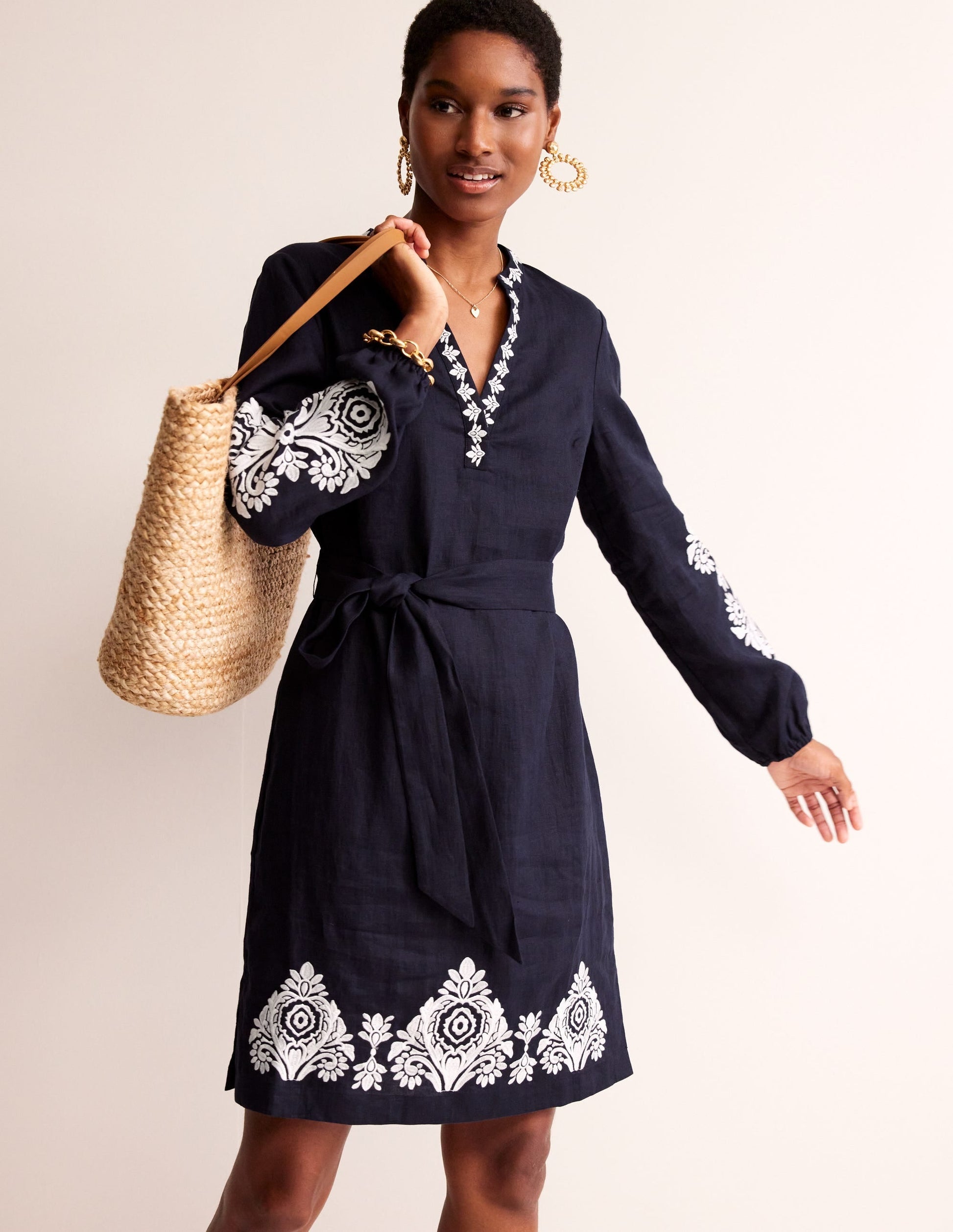 Cleo Embroidered Linen Dress-Navy, White-4