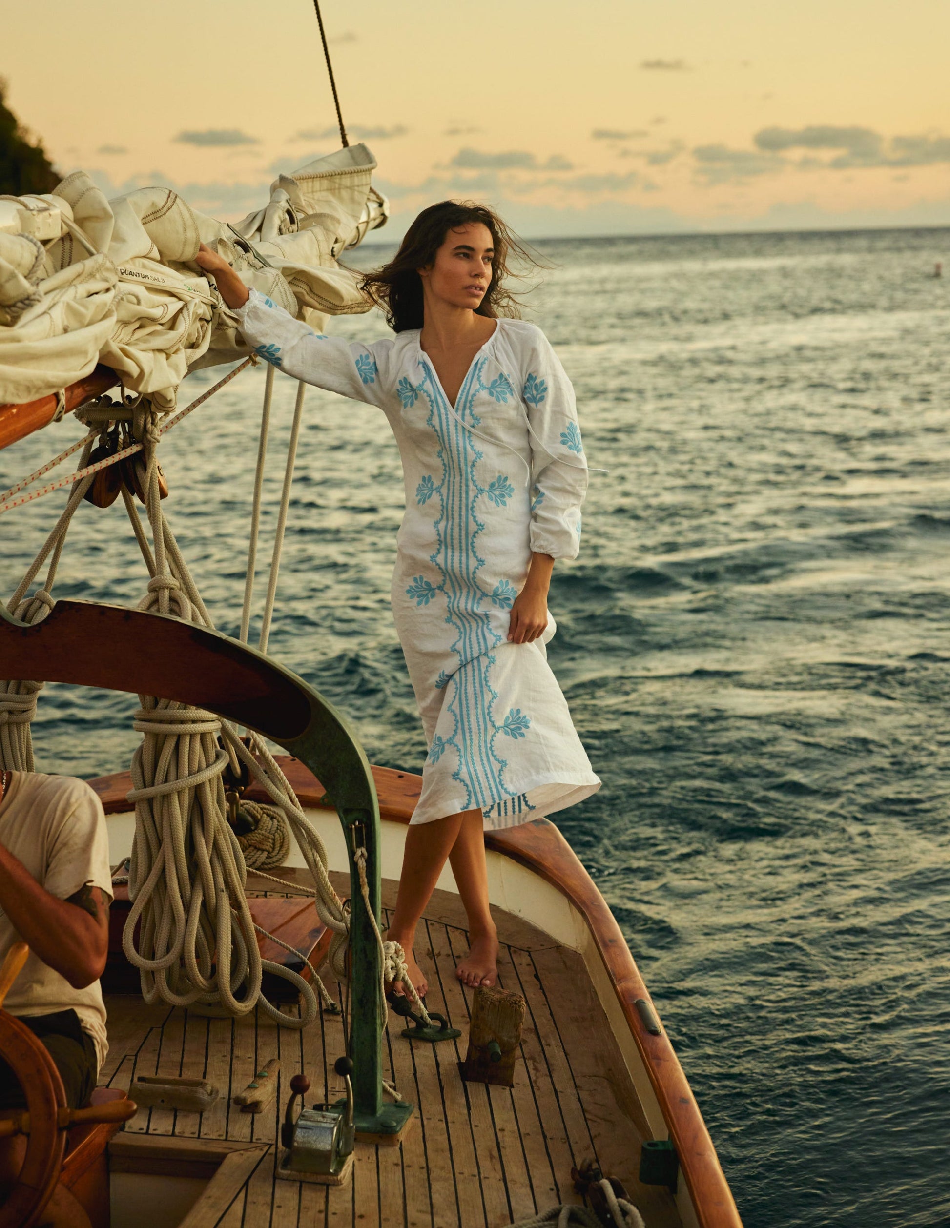 Embroidered Belted Linen Dress-White-5