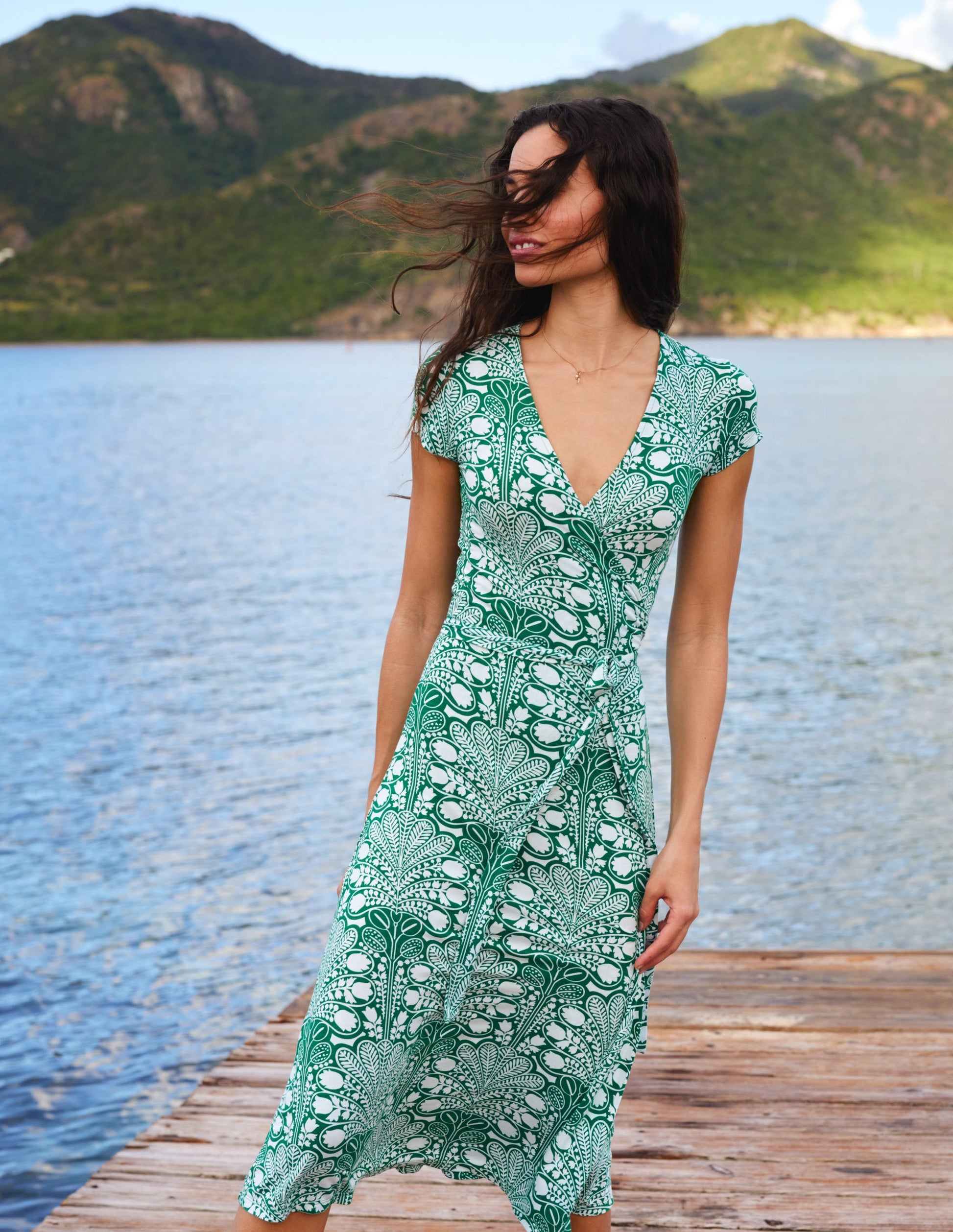 Joanna Cap Sleeve Wrap Dress-Green, Gardenia Swirl-5