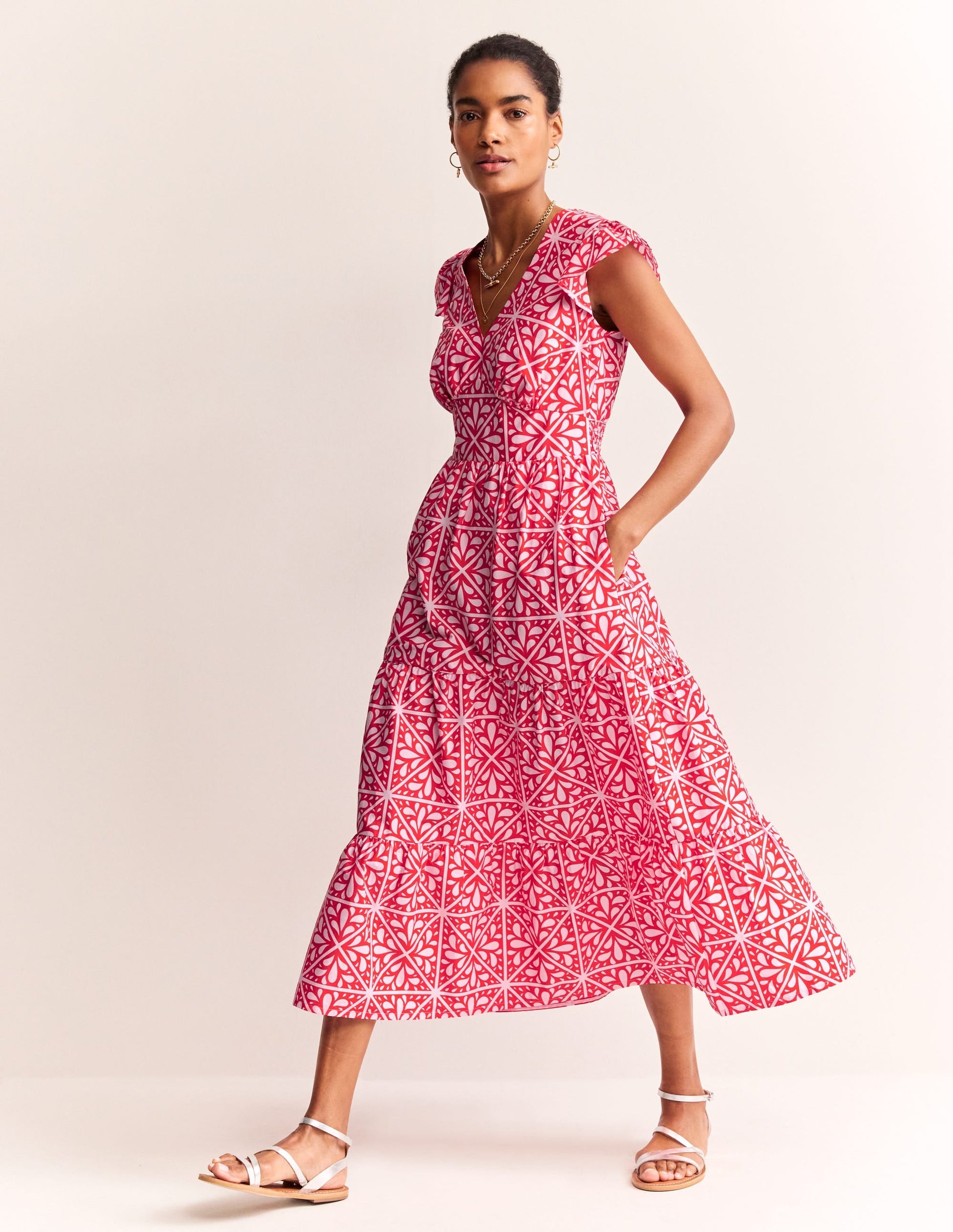 May Cotton Midi Tea Dress-Flame Scarlet, Floral Mosaic-4