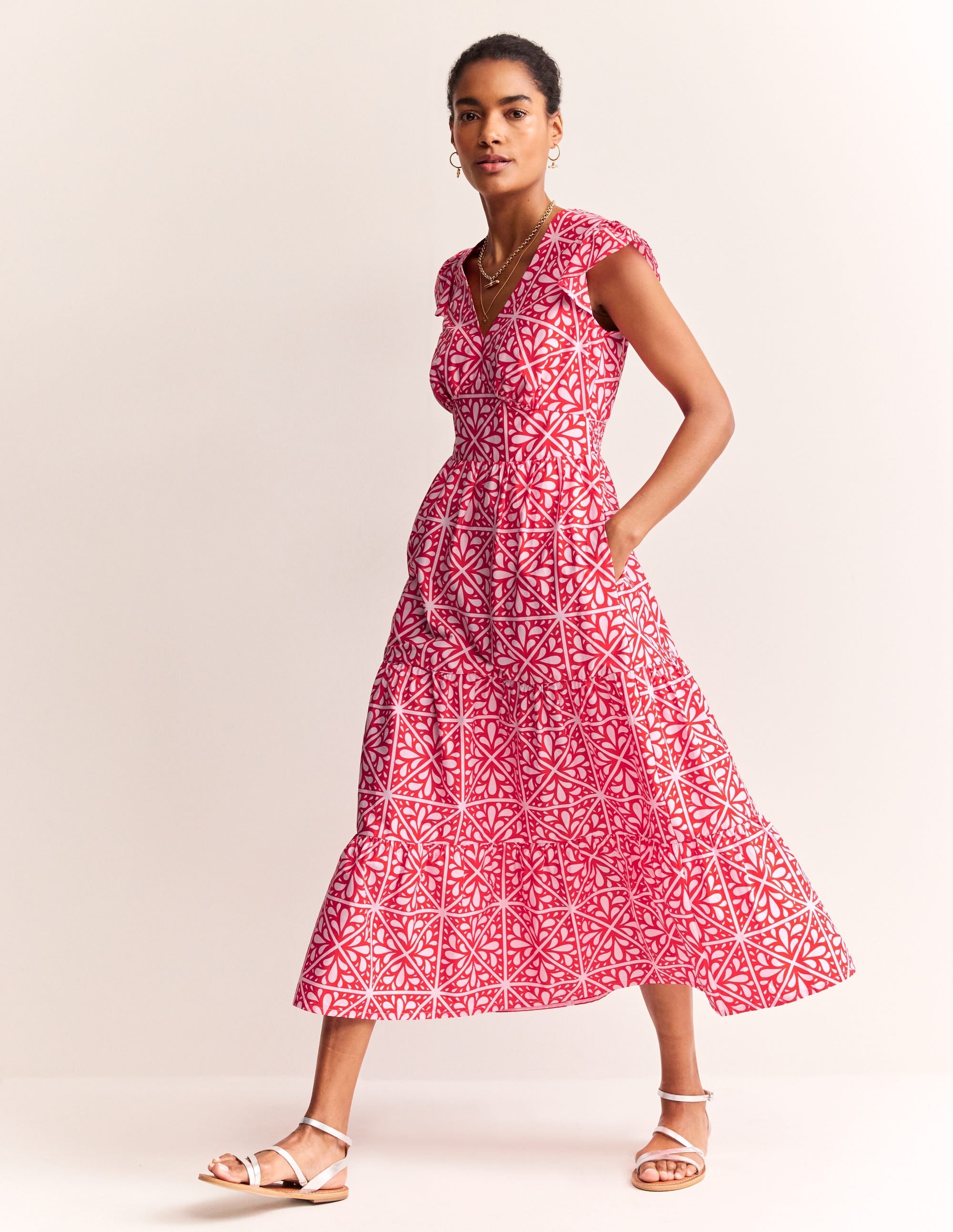 May Cotton Midi Tea Dress-Flame Scarlet, Floral Mosaic - Image 4