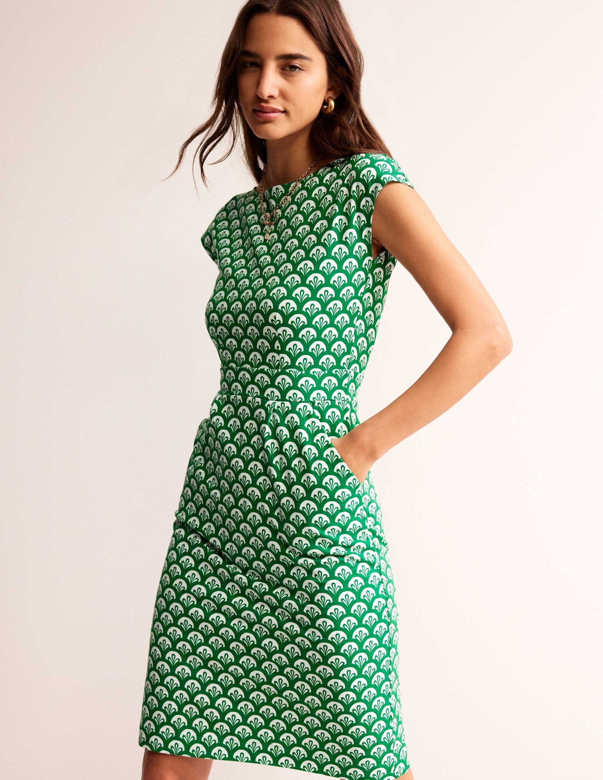 Florrie Jersey Dress-Green Tambourine, Foliage Geo-1