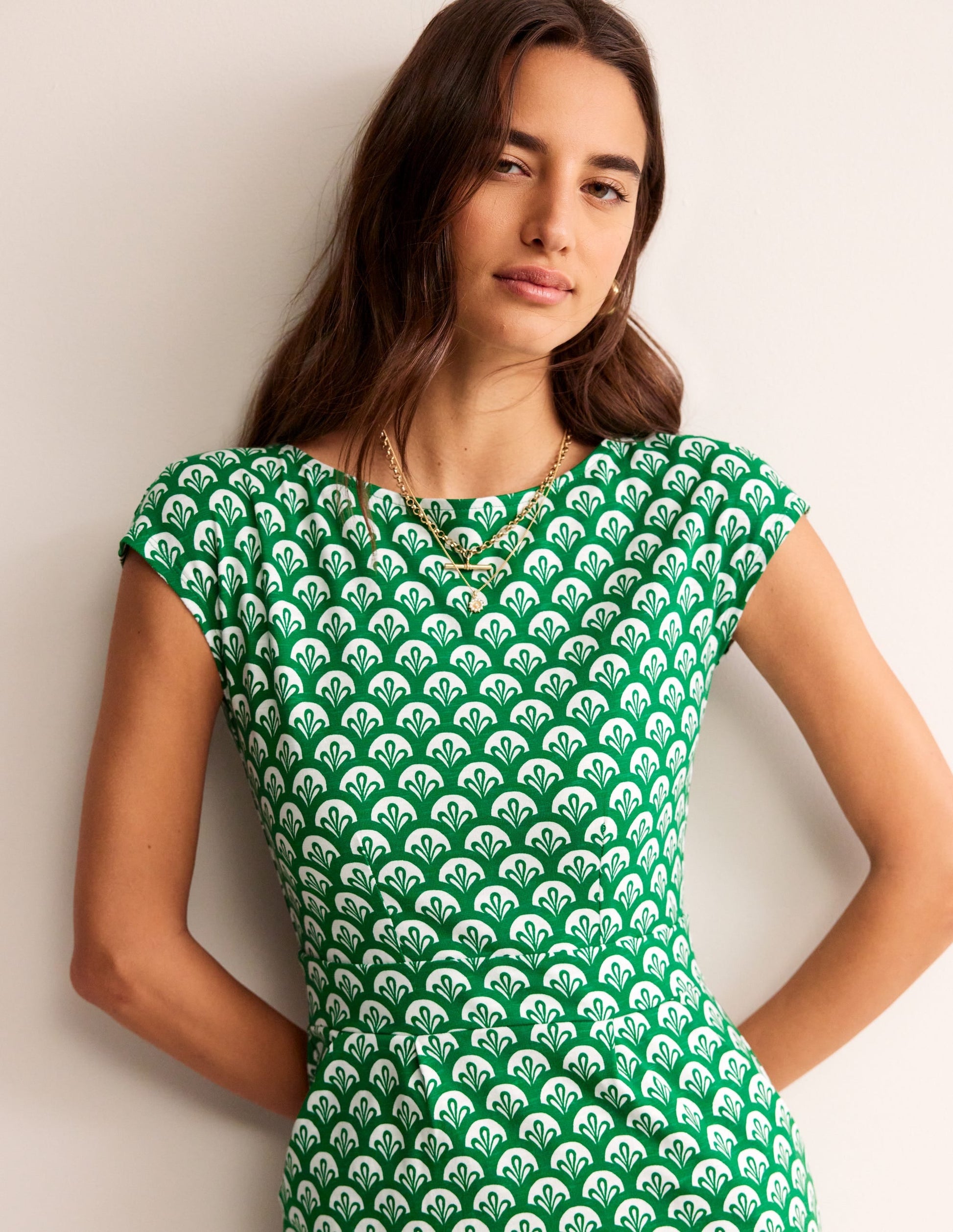 Florrie Jersey Dress-Green Tambourine, Foliage Geo-2