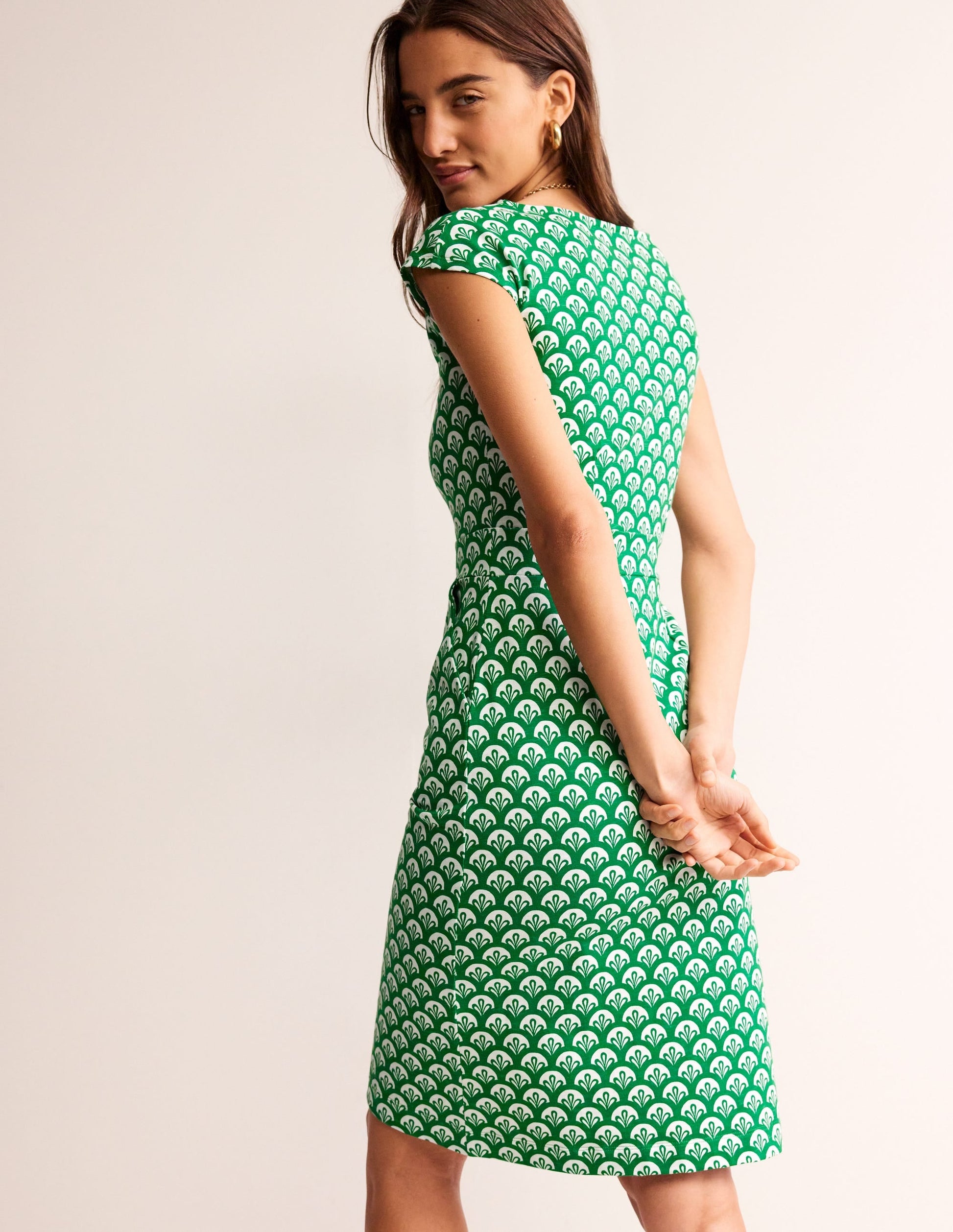 Florrie Jersey Dress-Green Tambourine, Foliage Geo-3