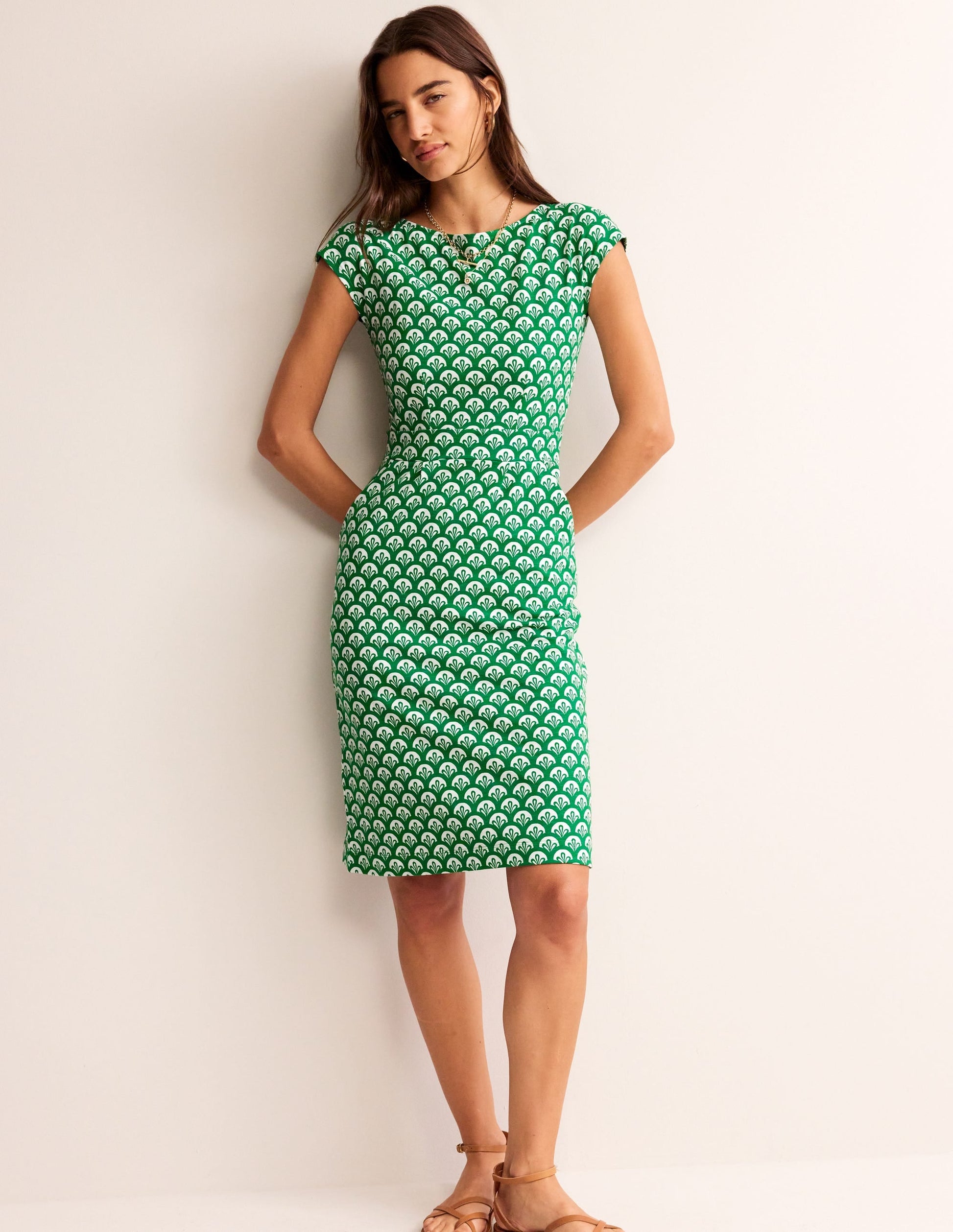 Florrie Jersey Dress-Green Tambourine, Foliage Geo-4