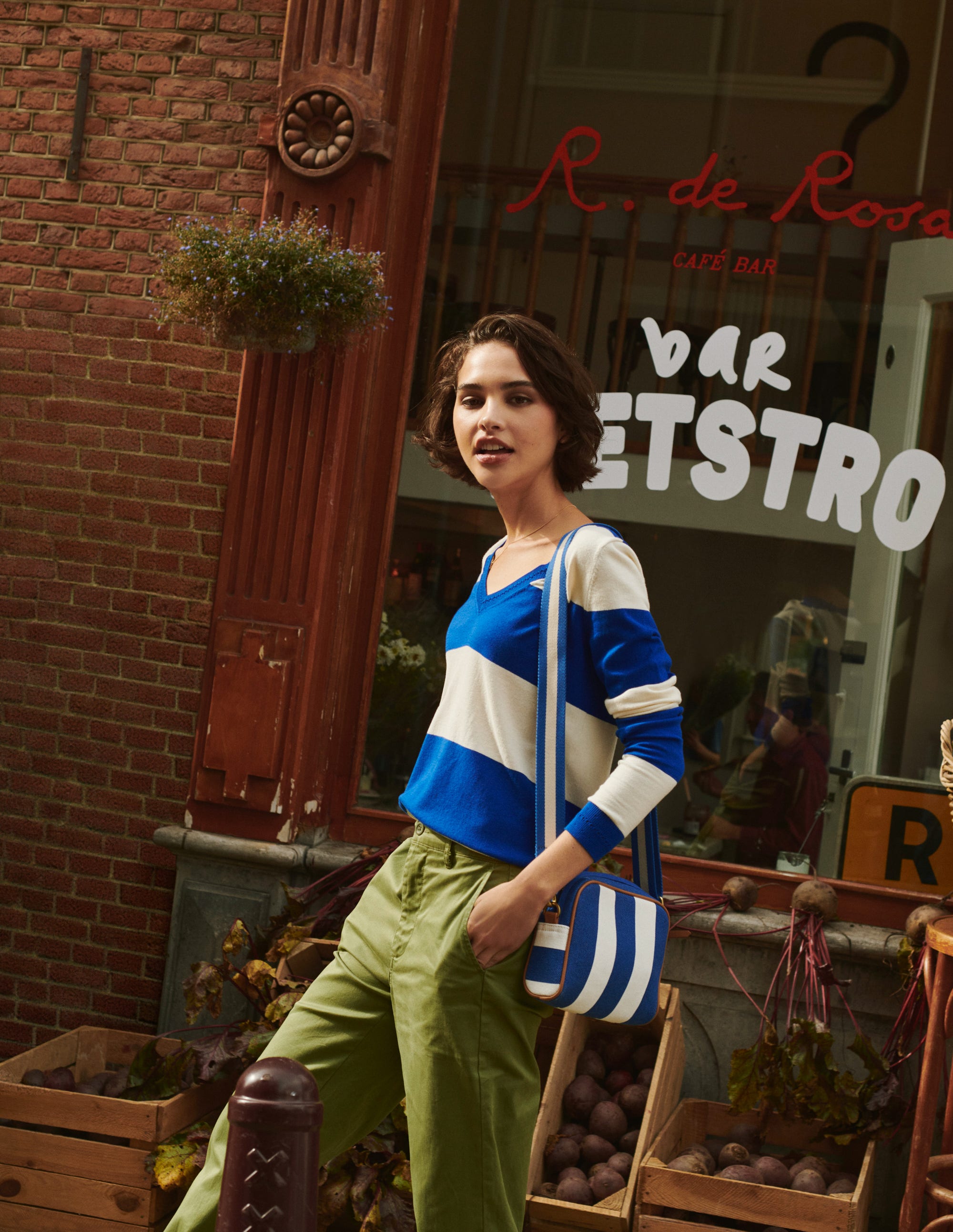 Catriona Cotton V-Neck Jumper-Bright Blue Stripe - Image 5