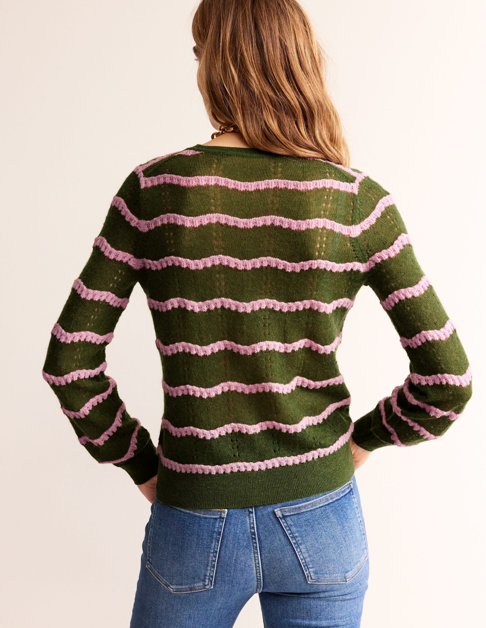 Fluffy Pointelle Stitch Jumper-Green, Spring Blossom Pink - Image 3