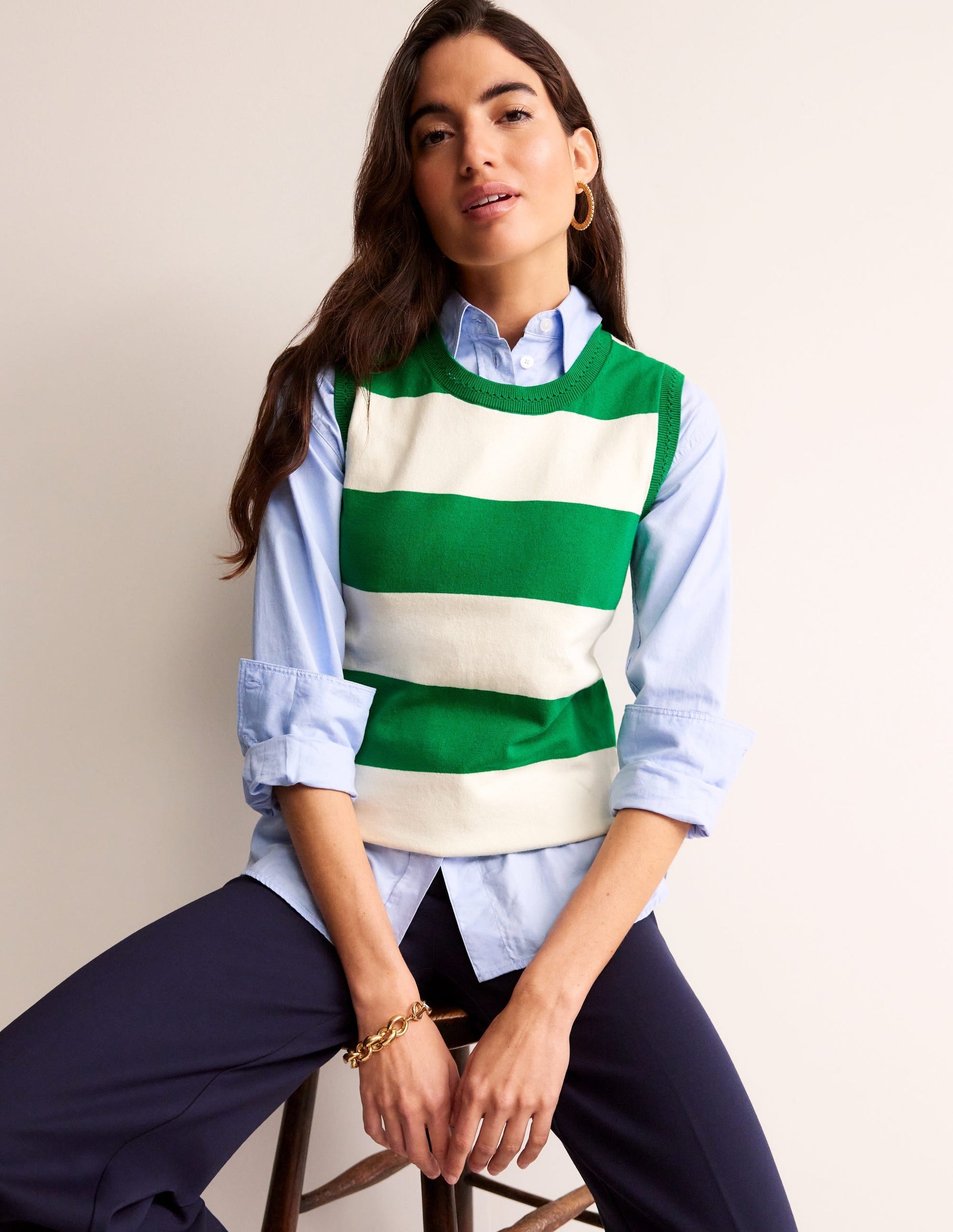 Catriona Crew Neck Cotton Tank-Rich Emerald / Ivory-1