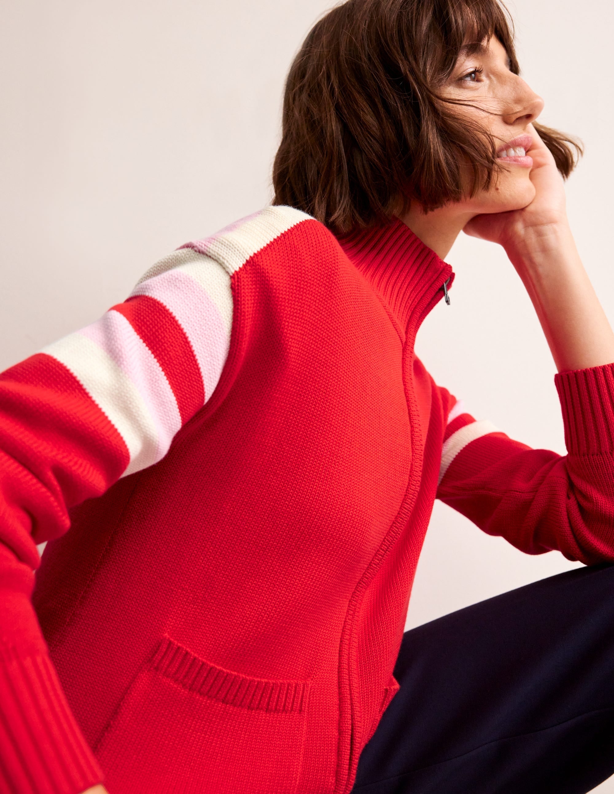 Knitted Zip-up Cardigan-Post Box Red, Ivory Stripe - Image 1