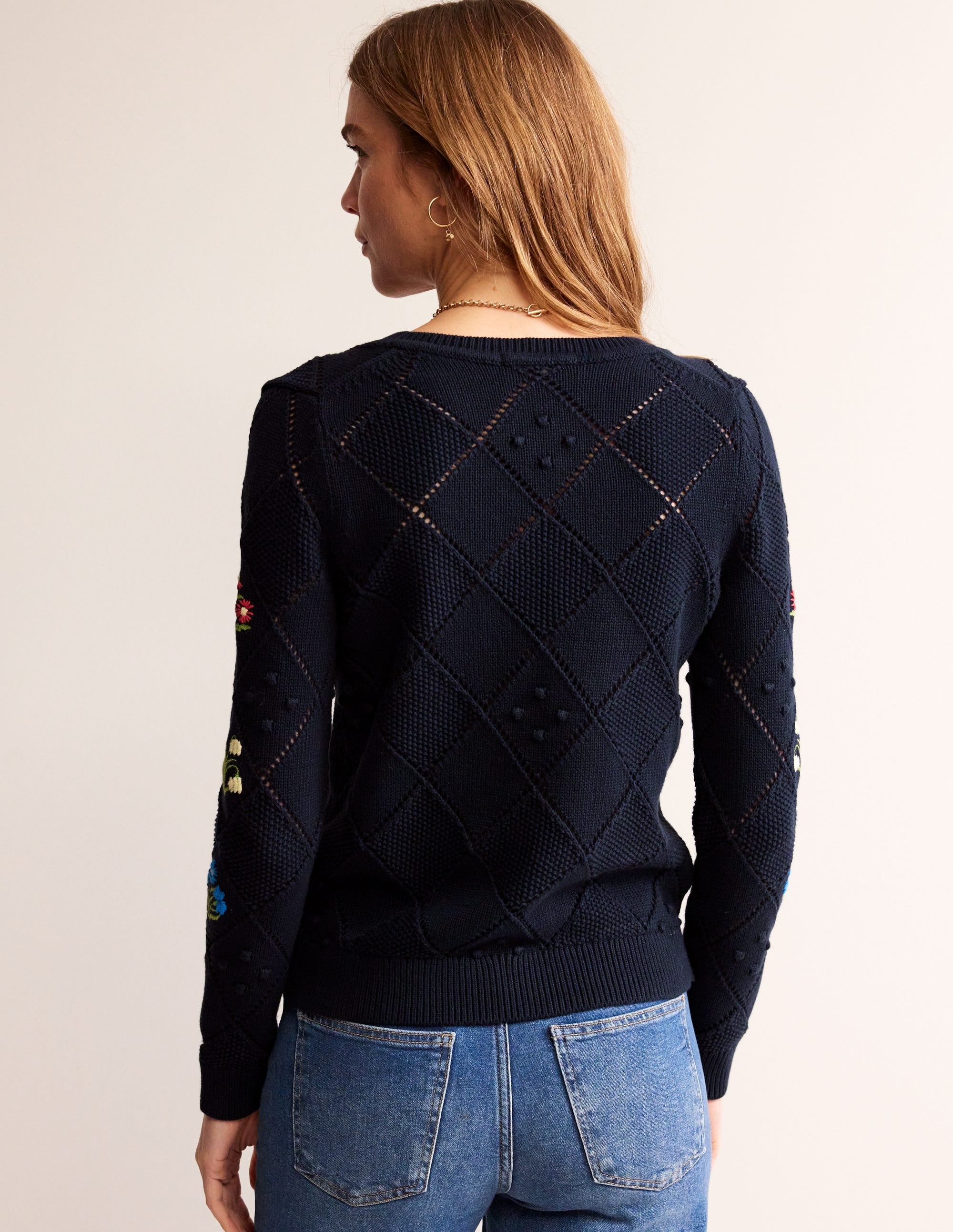 Cotton Embroidered Cardigan-Navy - Image 3