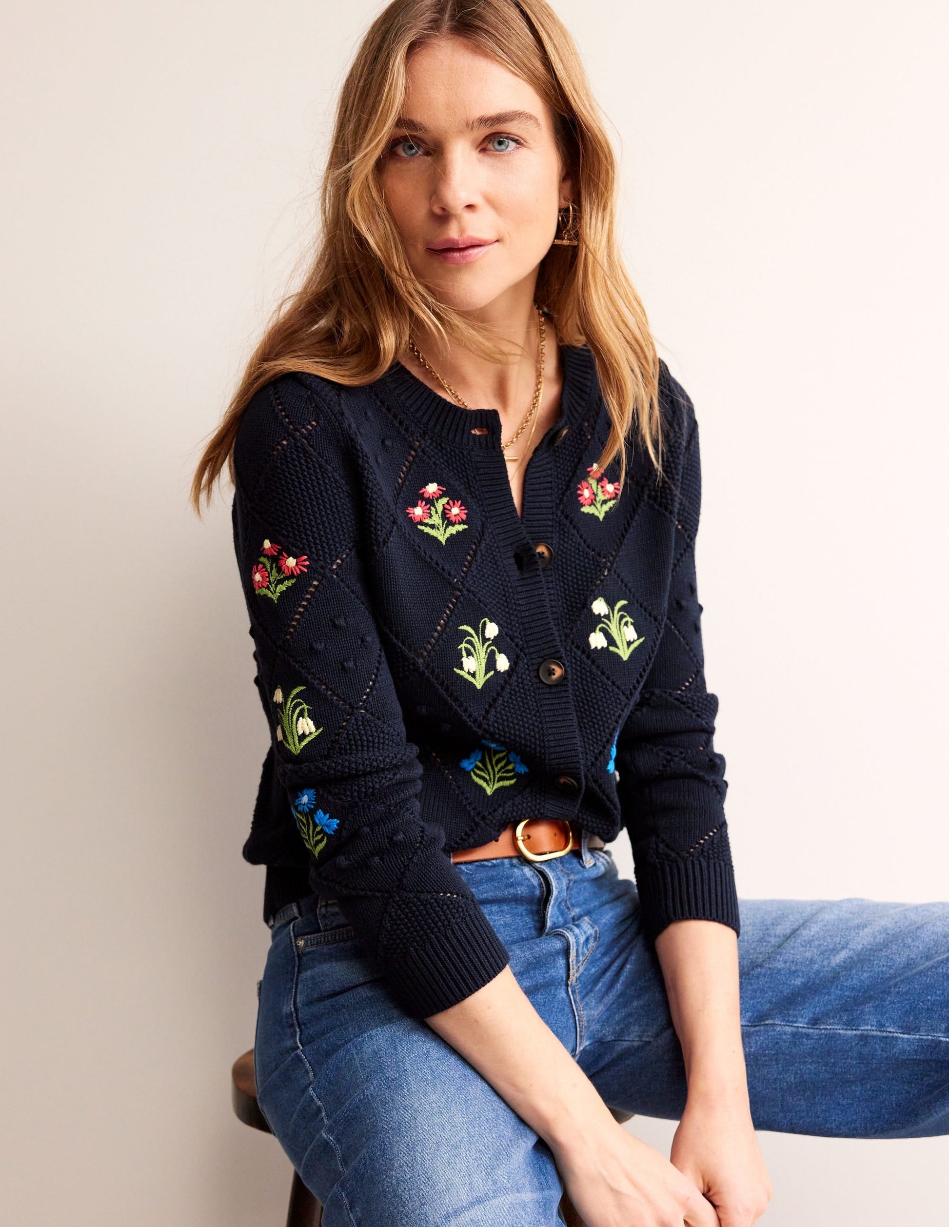 Cotton Embroidered Cardigan-Navy-4