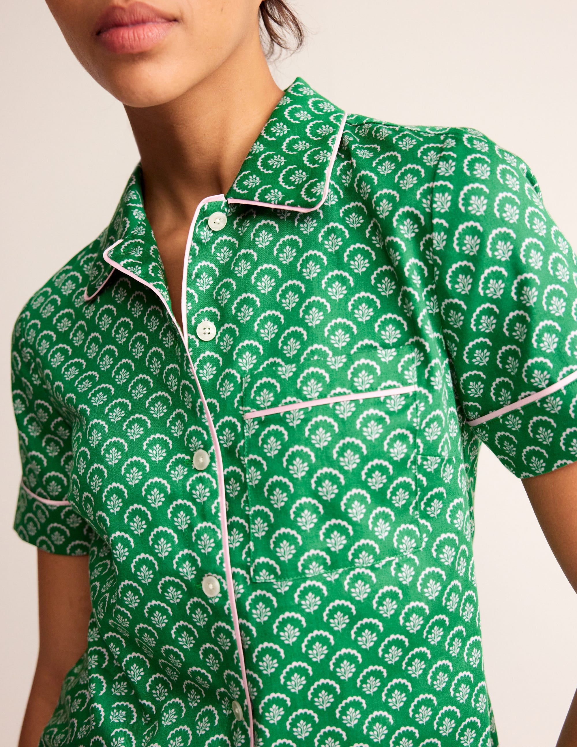 Short Sleeve Pyjama Top-Green, Ditsy Vine - Image 2