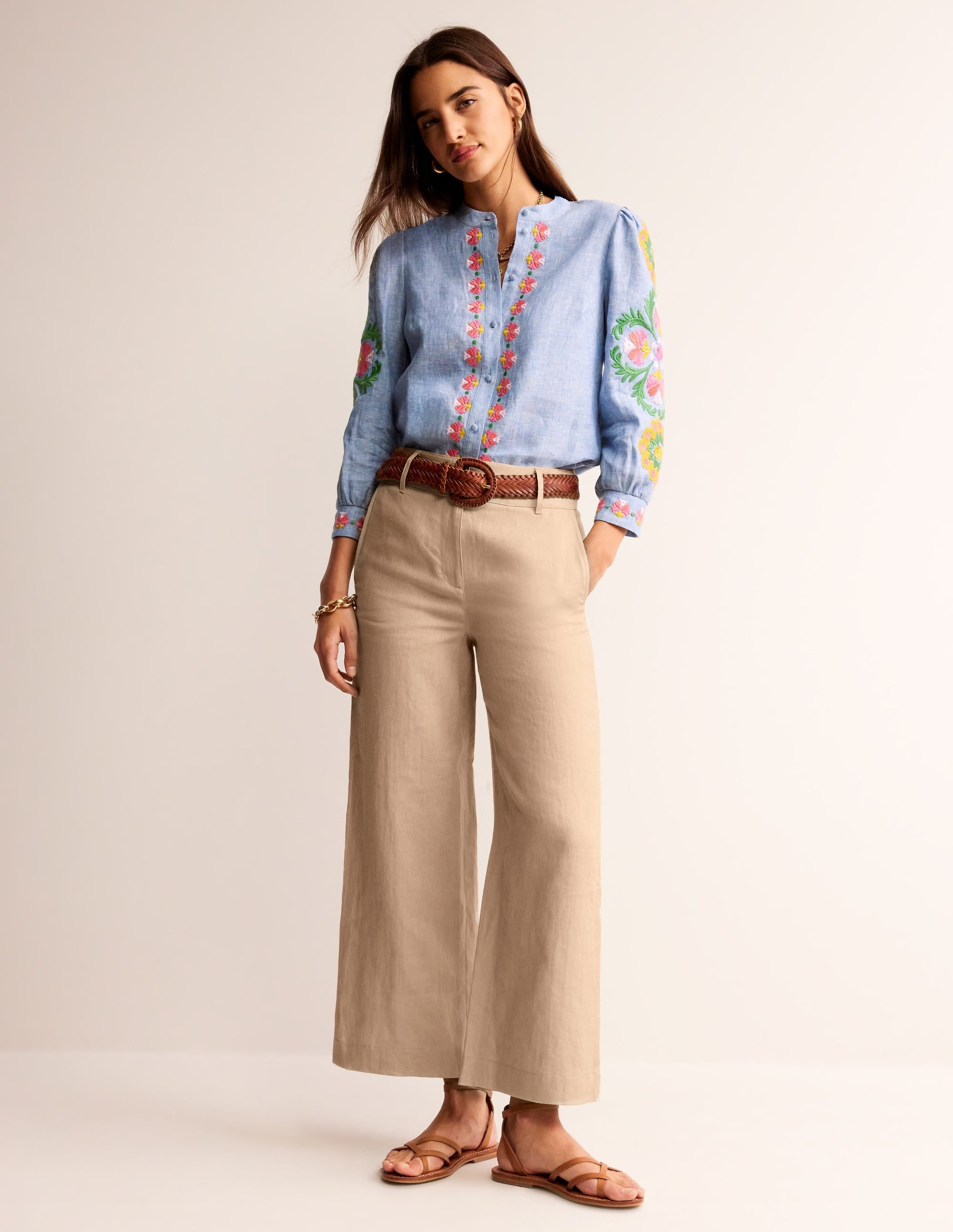 Westbourne Linen Crop Trousers-Neutral - Image 1
