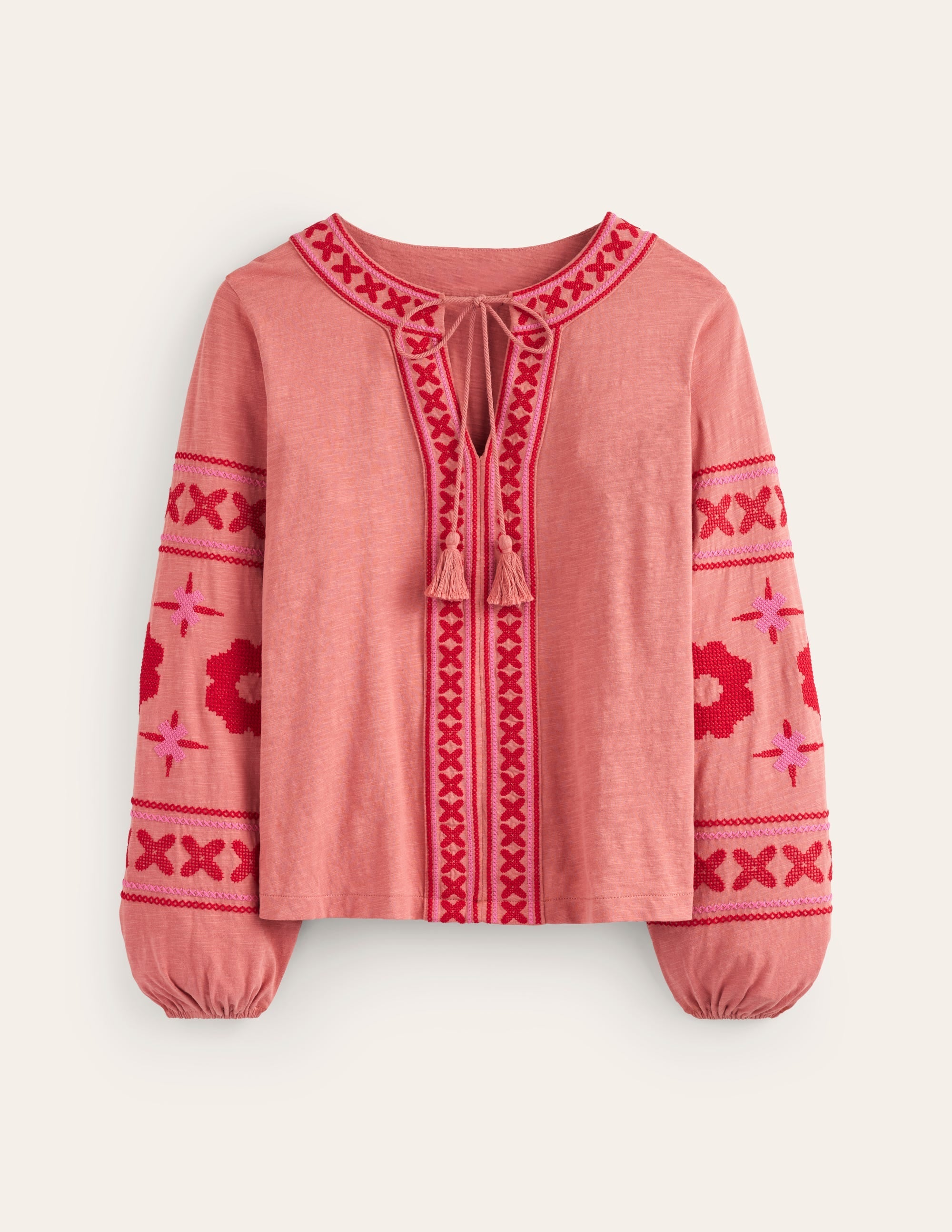 Diana Embroidered Tie Neck Top-Brick Dust - Image 5