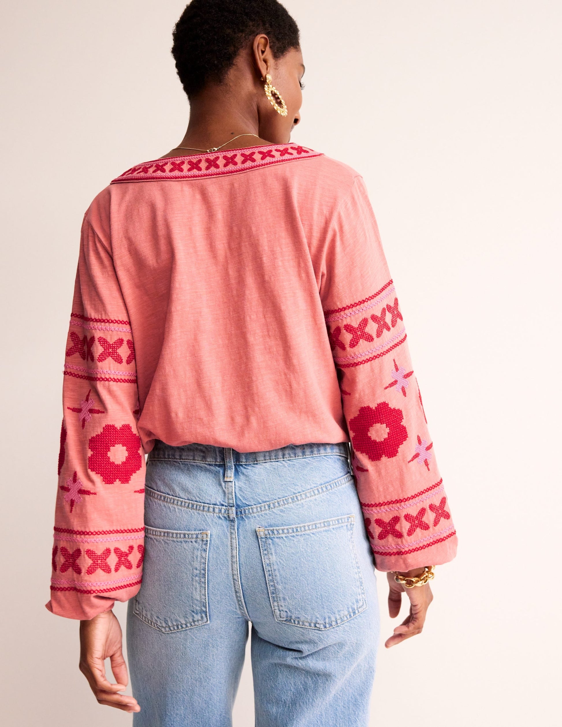 Diana Embroidered Tie Neck Top-Brick Dust-3