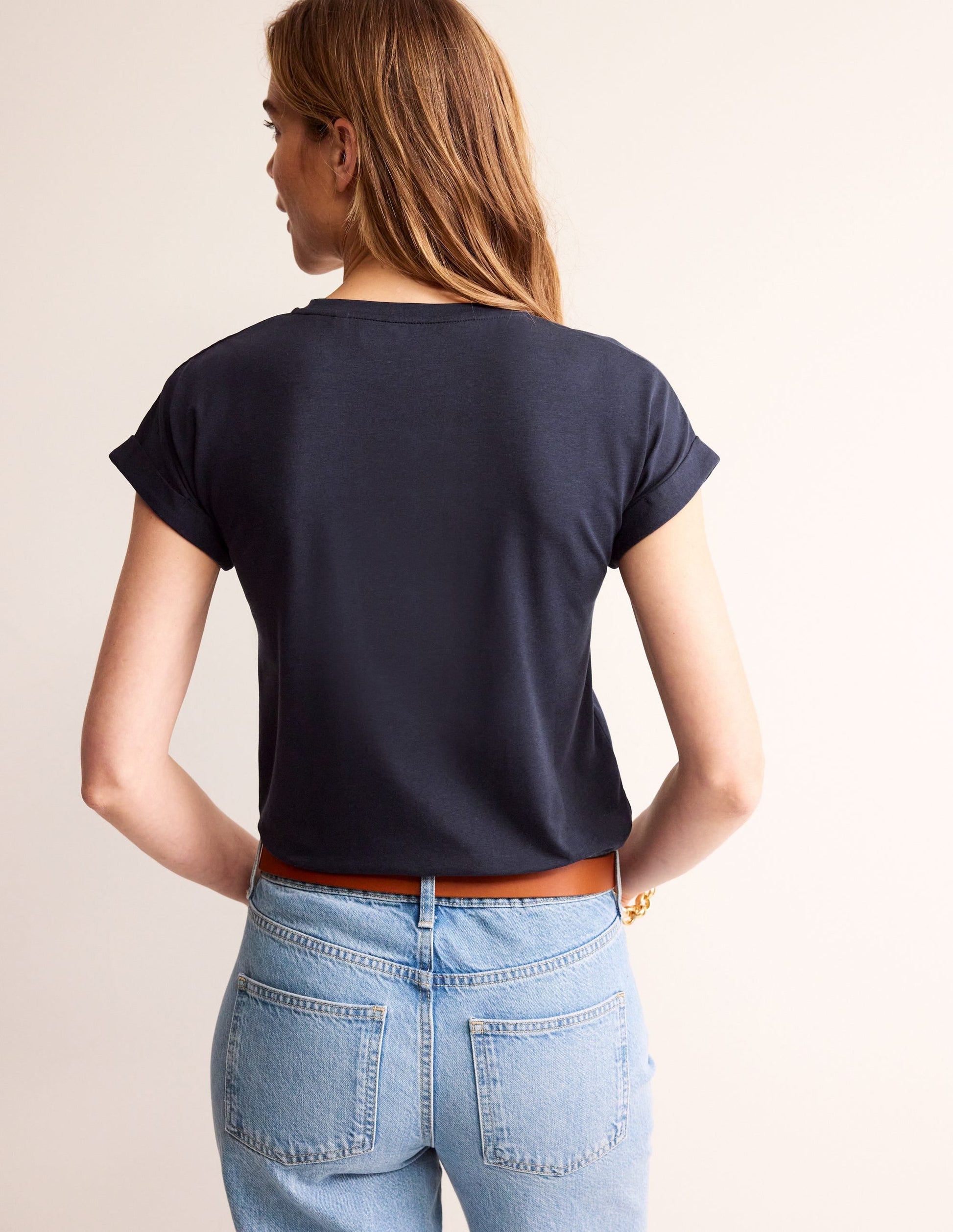 Turnback Cuff Crew T-shirt-Navy-4