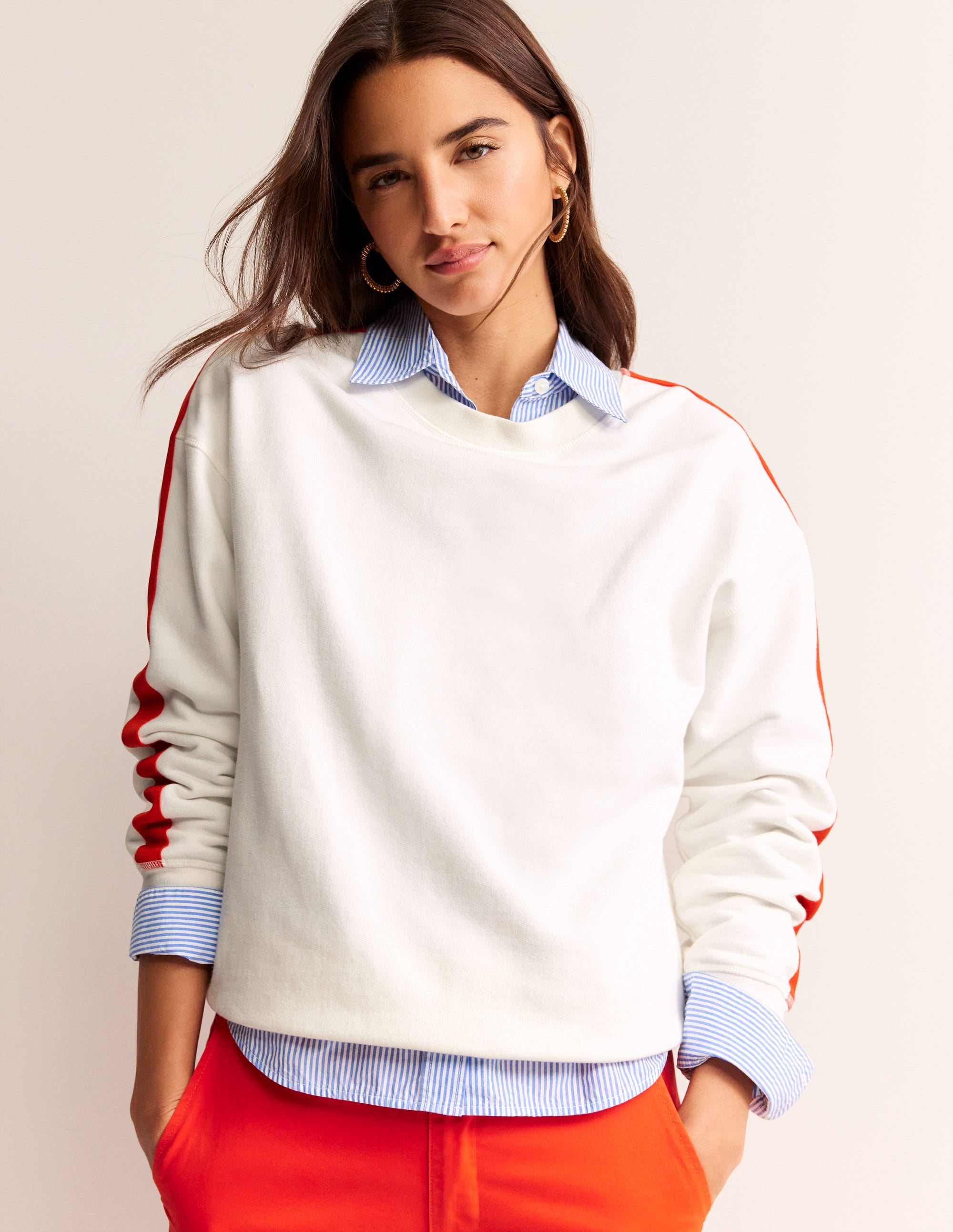 Drop Shoulder Sweatshirt-Ivory Red Stripe - Image 1