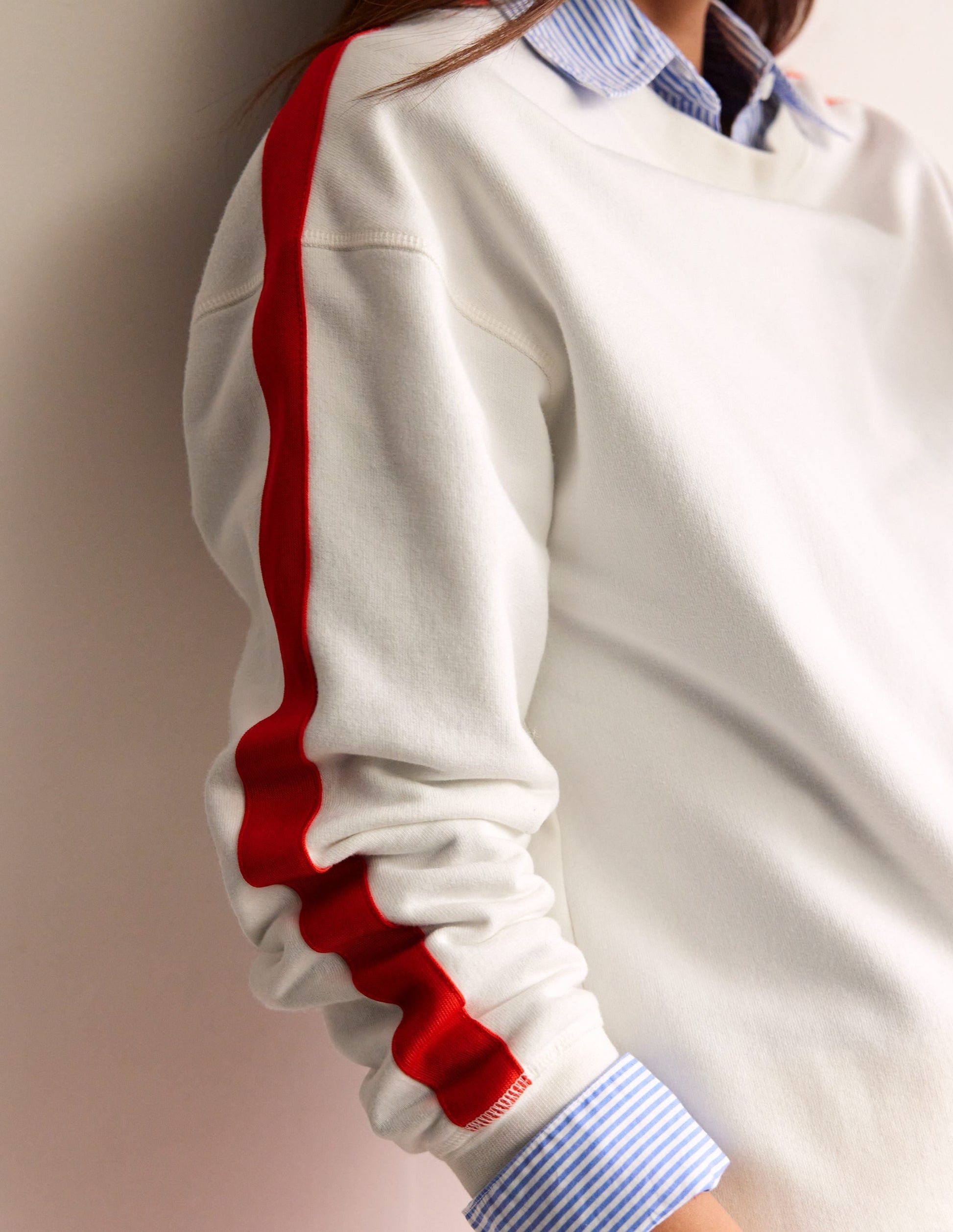 Drop Shoulder Sweatshirt-Ivory Red Stripe-2