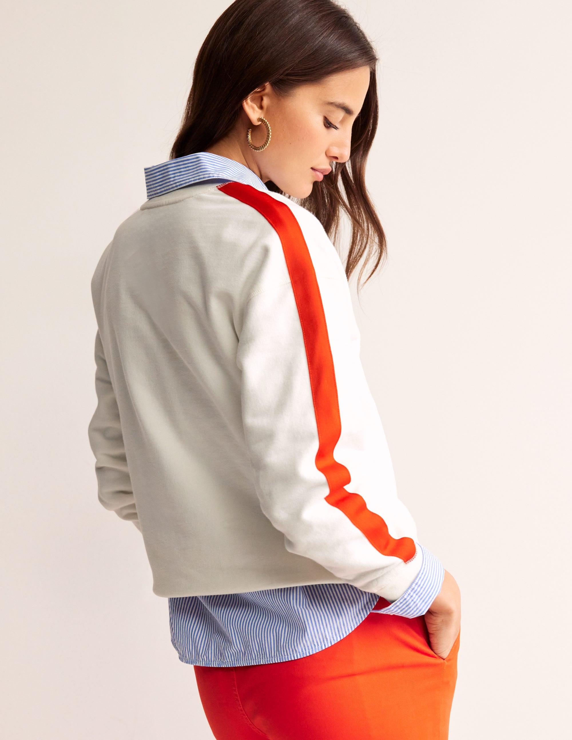 Drop Shoulder Sweatshirt-Ivory Red Stripe - Image 3