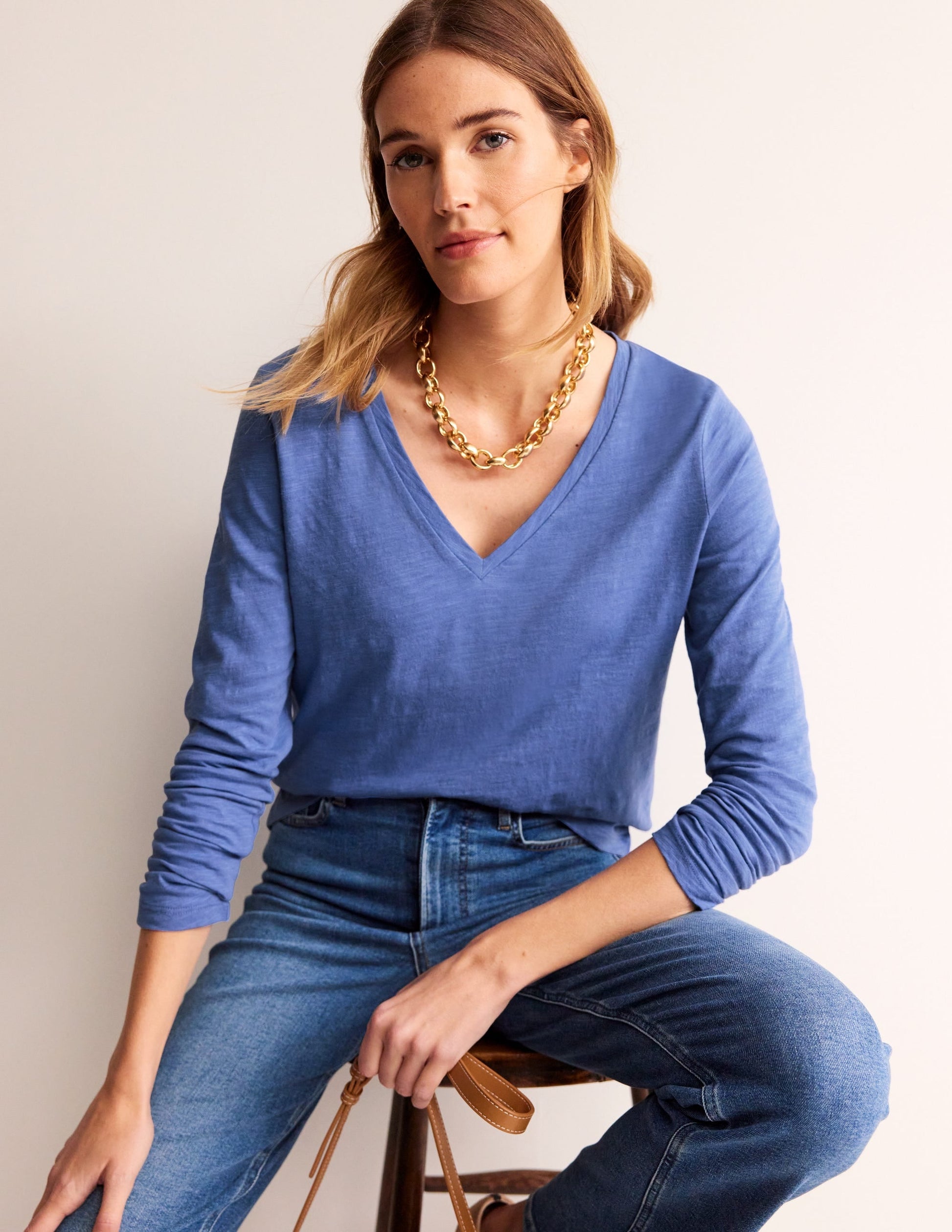 Cotton V-Neck Long Sleeve Top-Ebb and Flow Blue-1