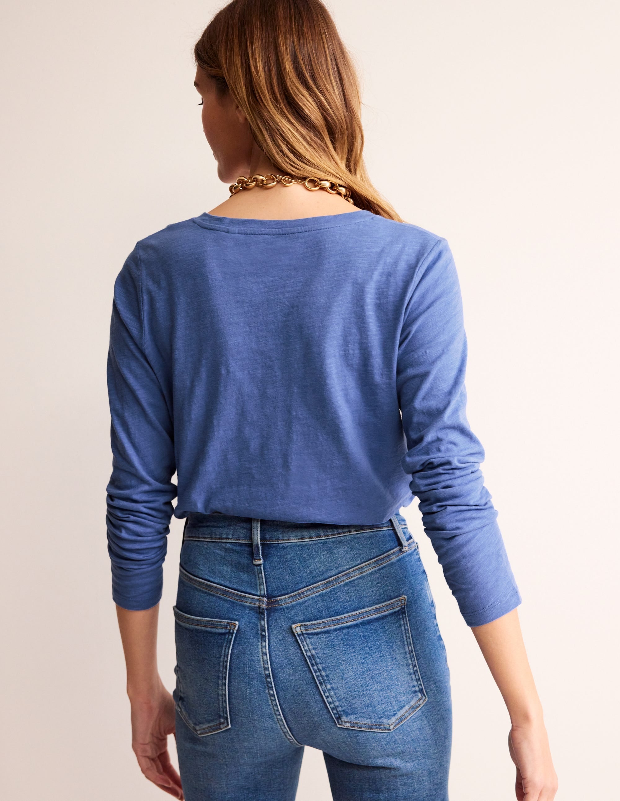 Cotton V-Neck Long Sleeve Top-Ebb and Flow Blue - Image 3