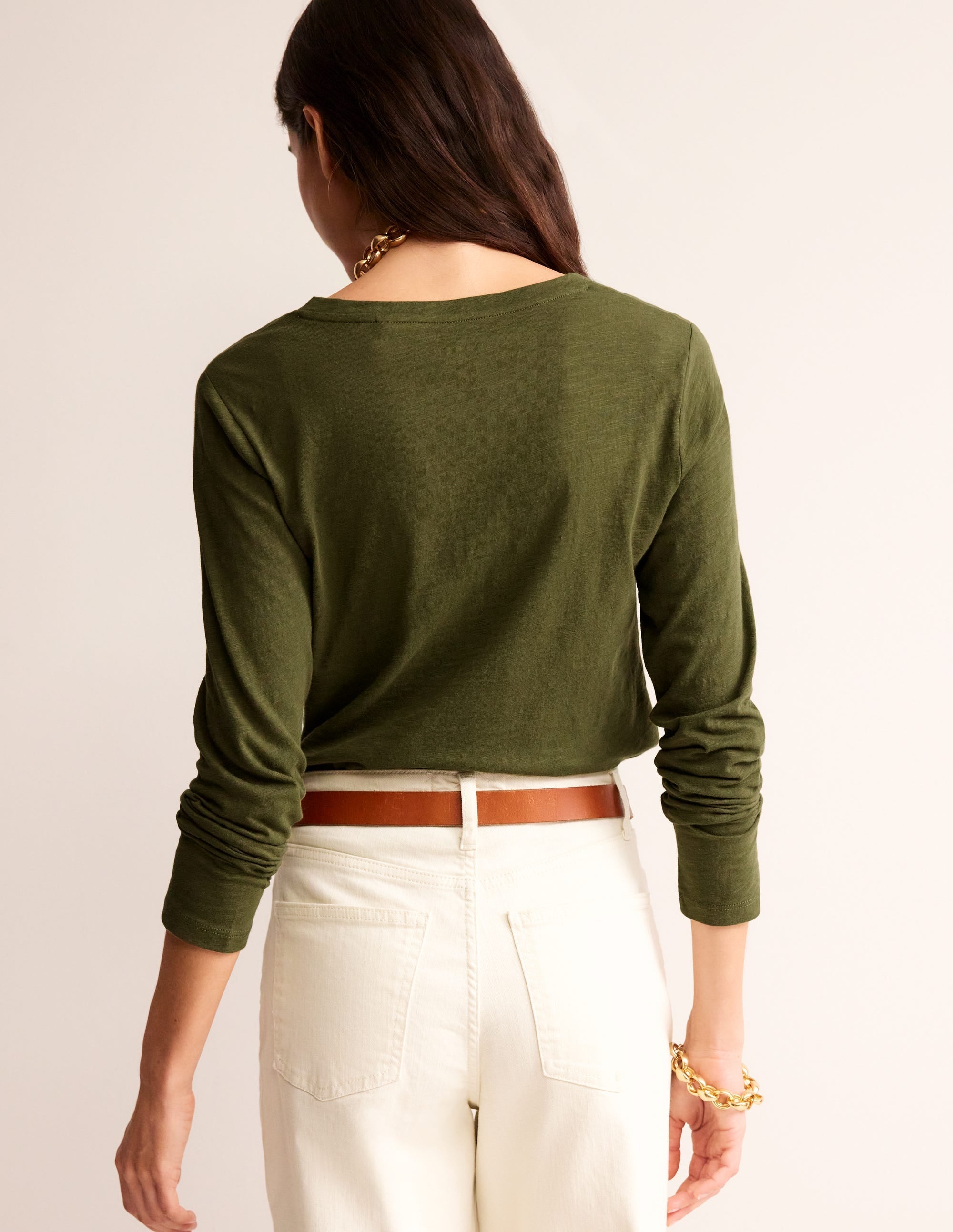 Cotton V-Neck Long Sleeve Top-Oregano - Image 3
