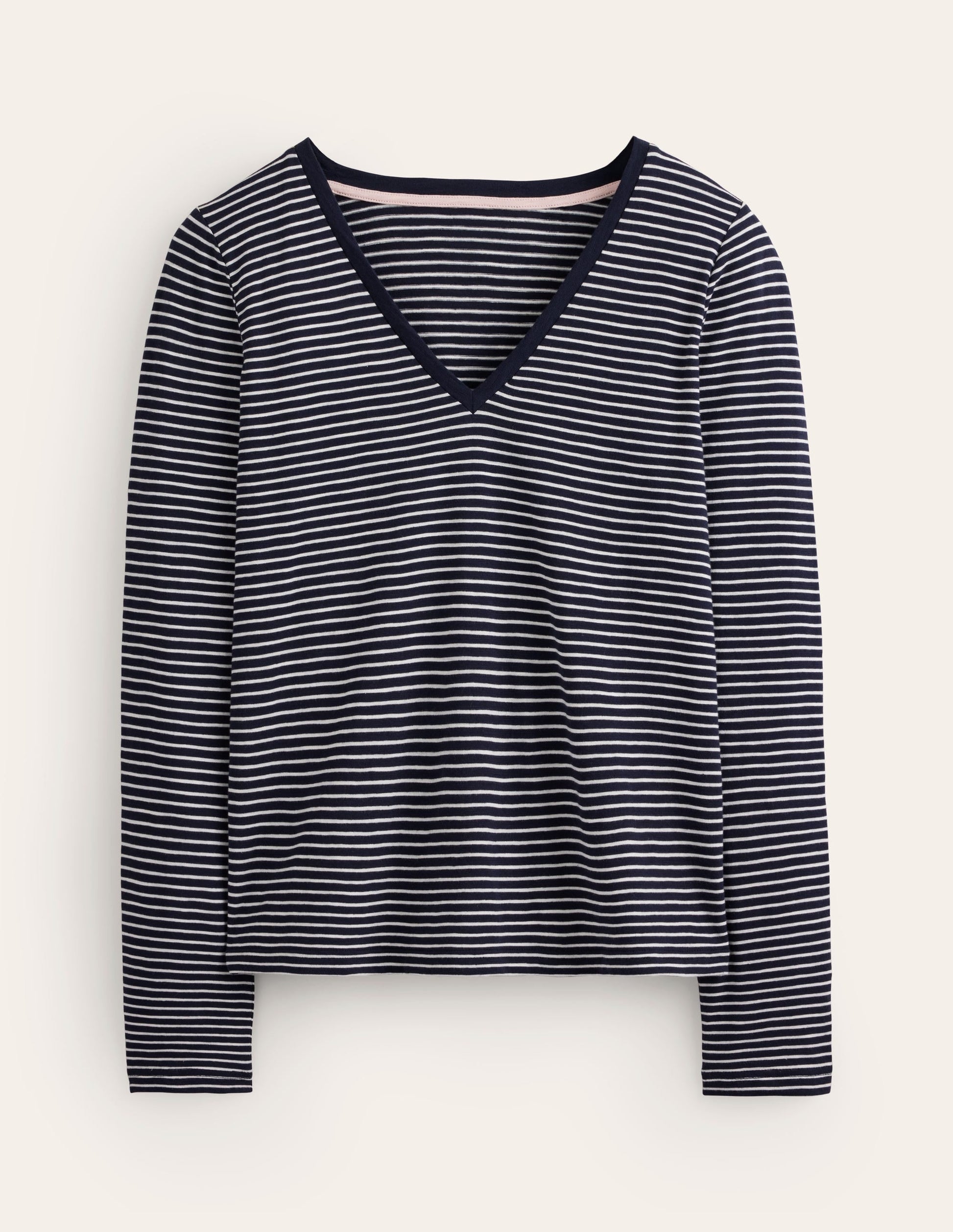 Cotton V-Neck Long Sleeve Top-Navy, Ivory-5