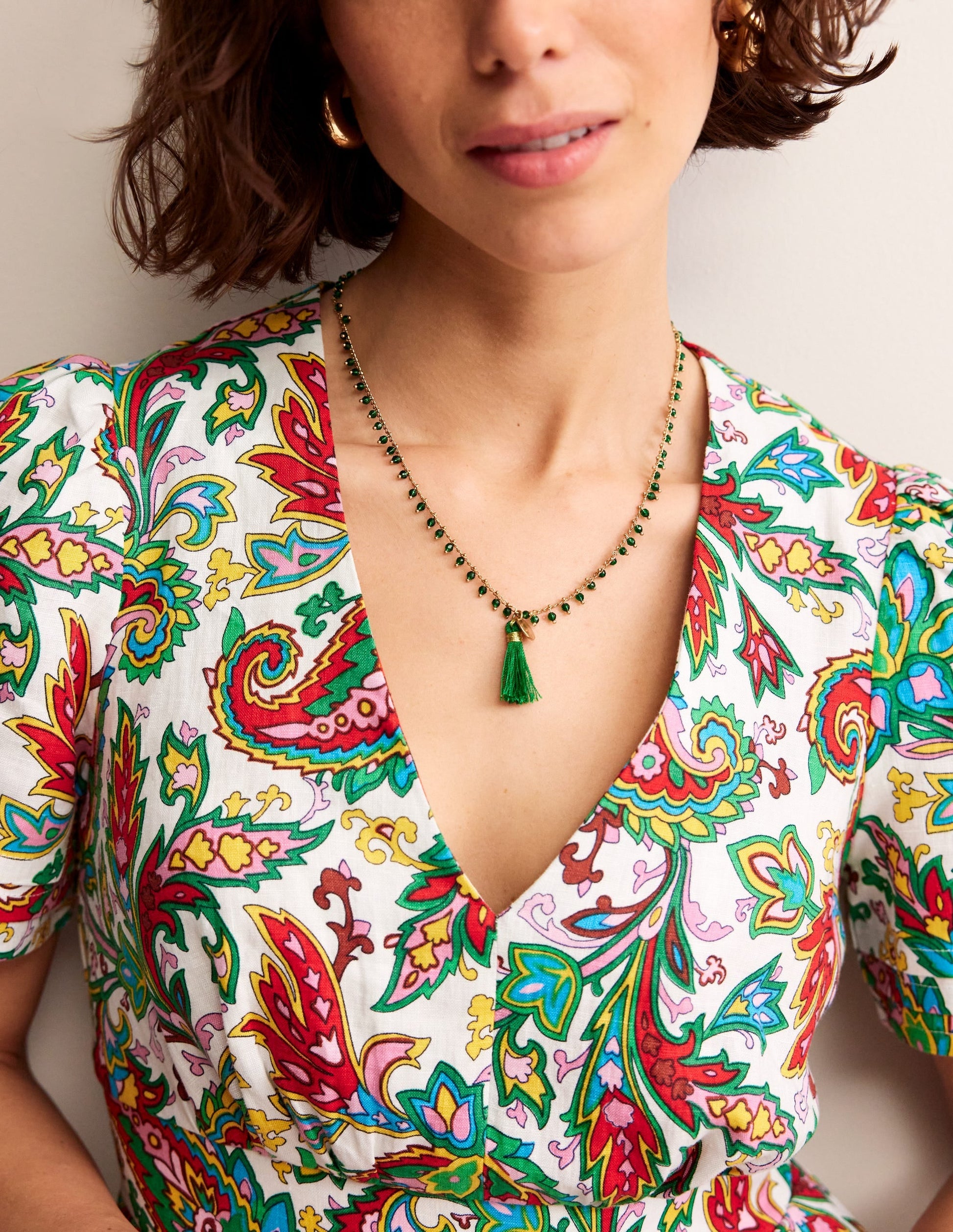 Beaded Tassel Necklace-Green-1