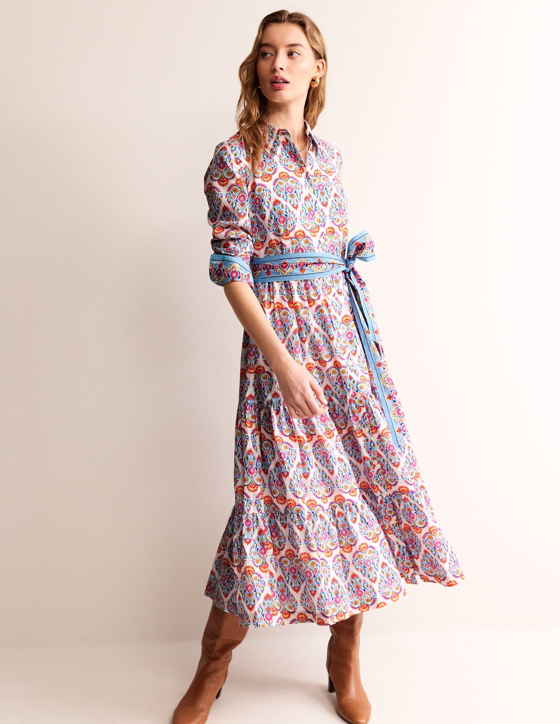 Flo Cotton Midi Shirt Dress-Air Blue, Flora Stamp-4
